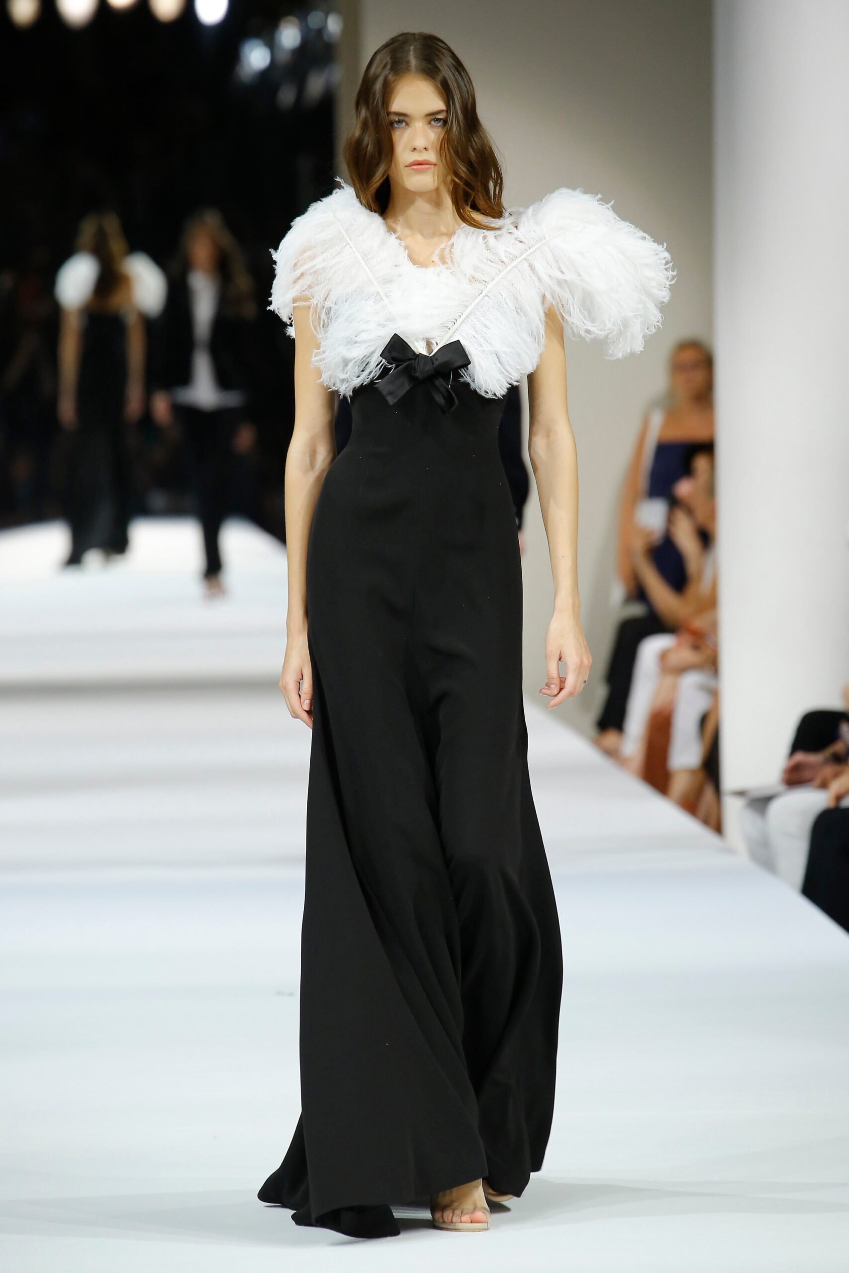 black silk gown with ruffled top