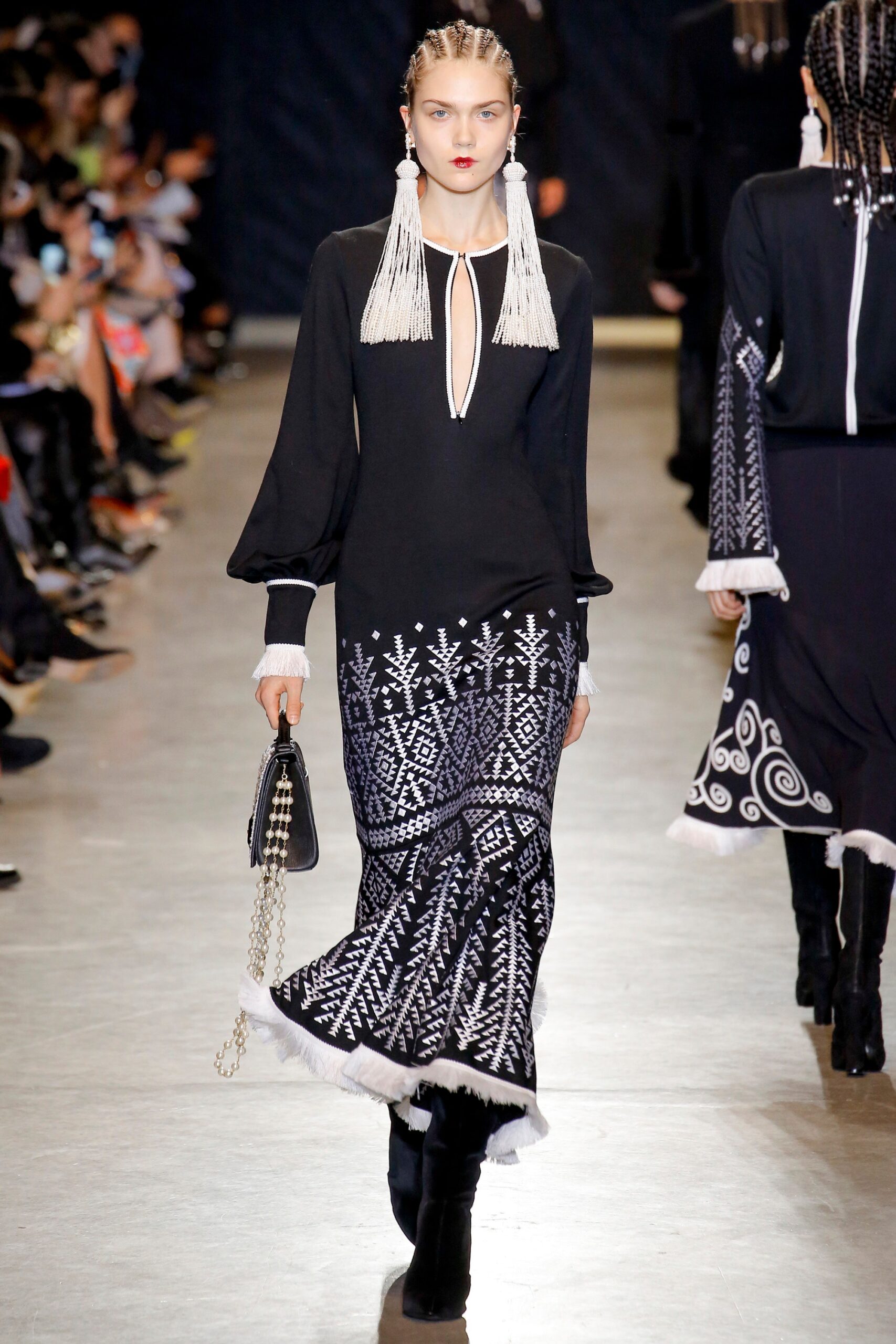 black and white embroidered midi dress