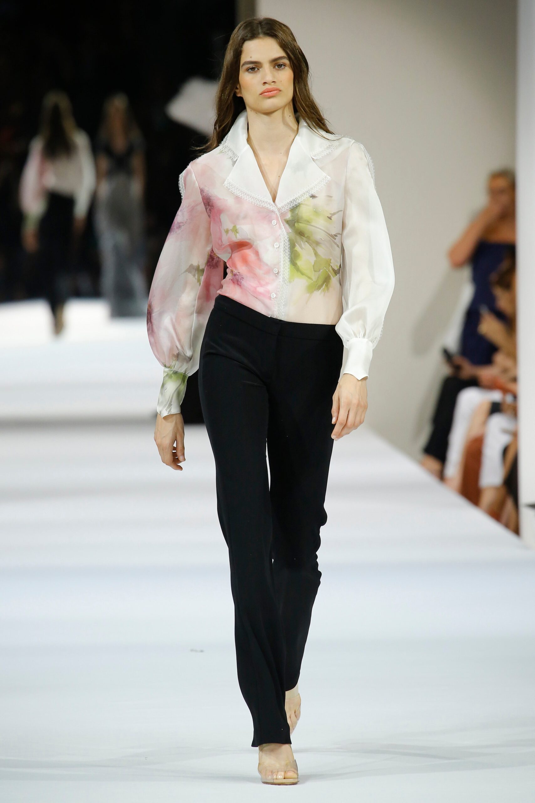 floral silk blouse with slim pants