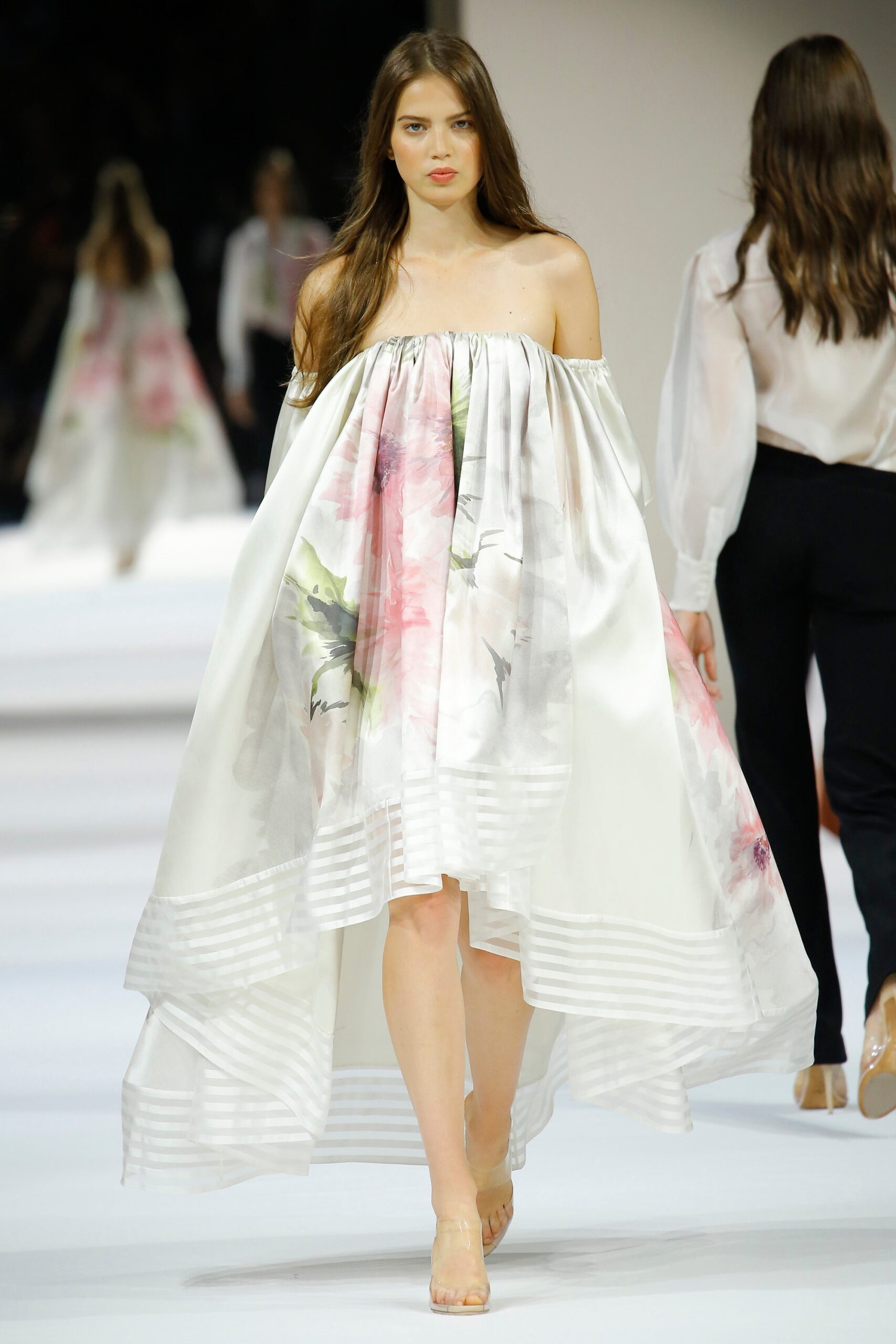 white and pink off-shoulder dress