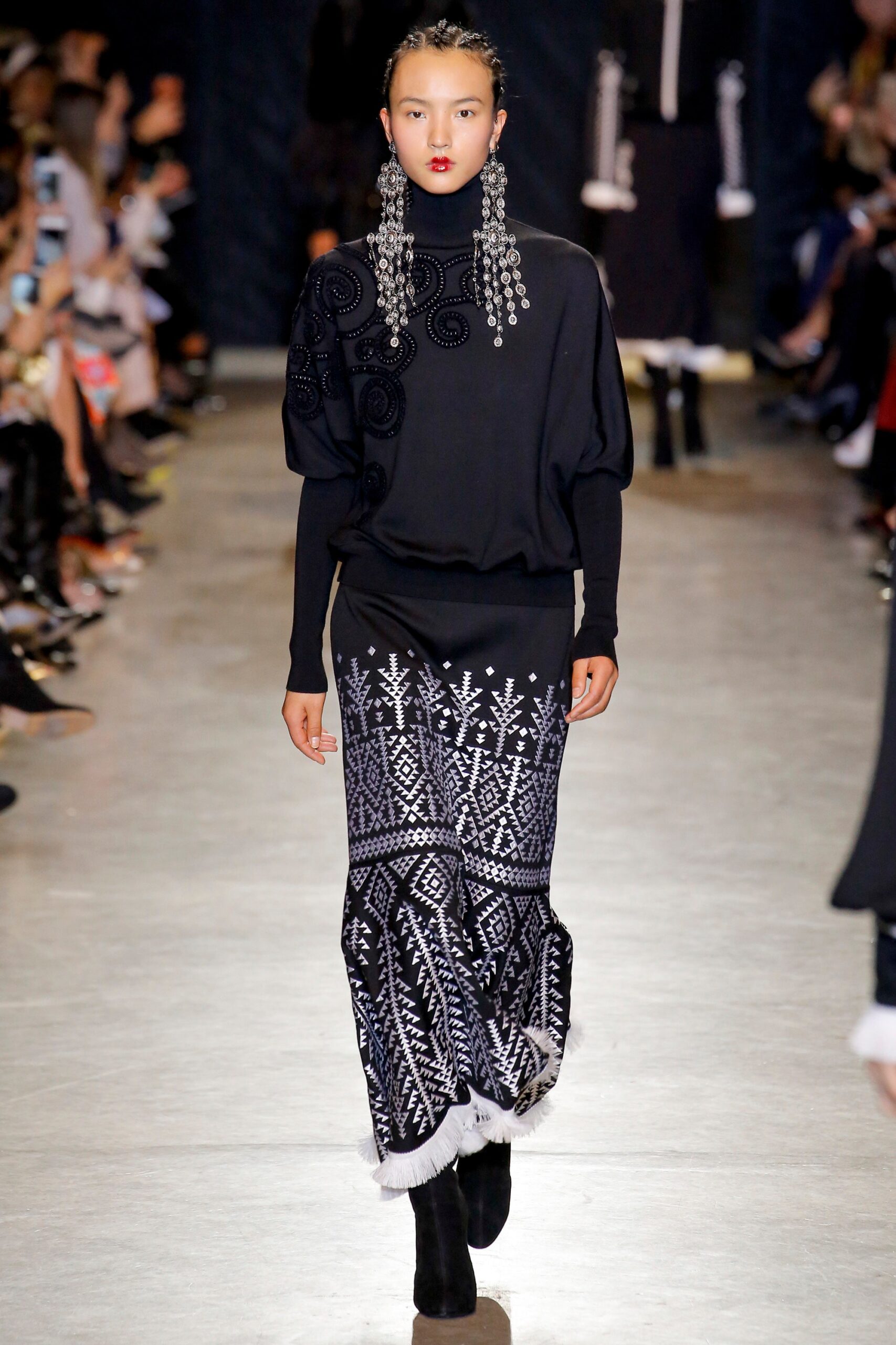 black wool fitted flared embroidered midi skirt