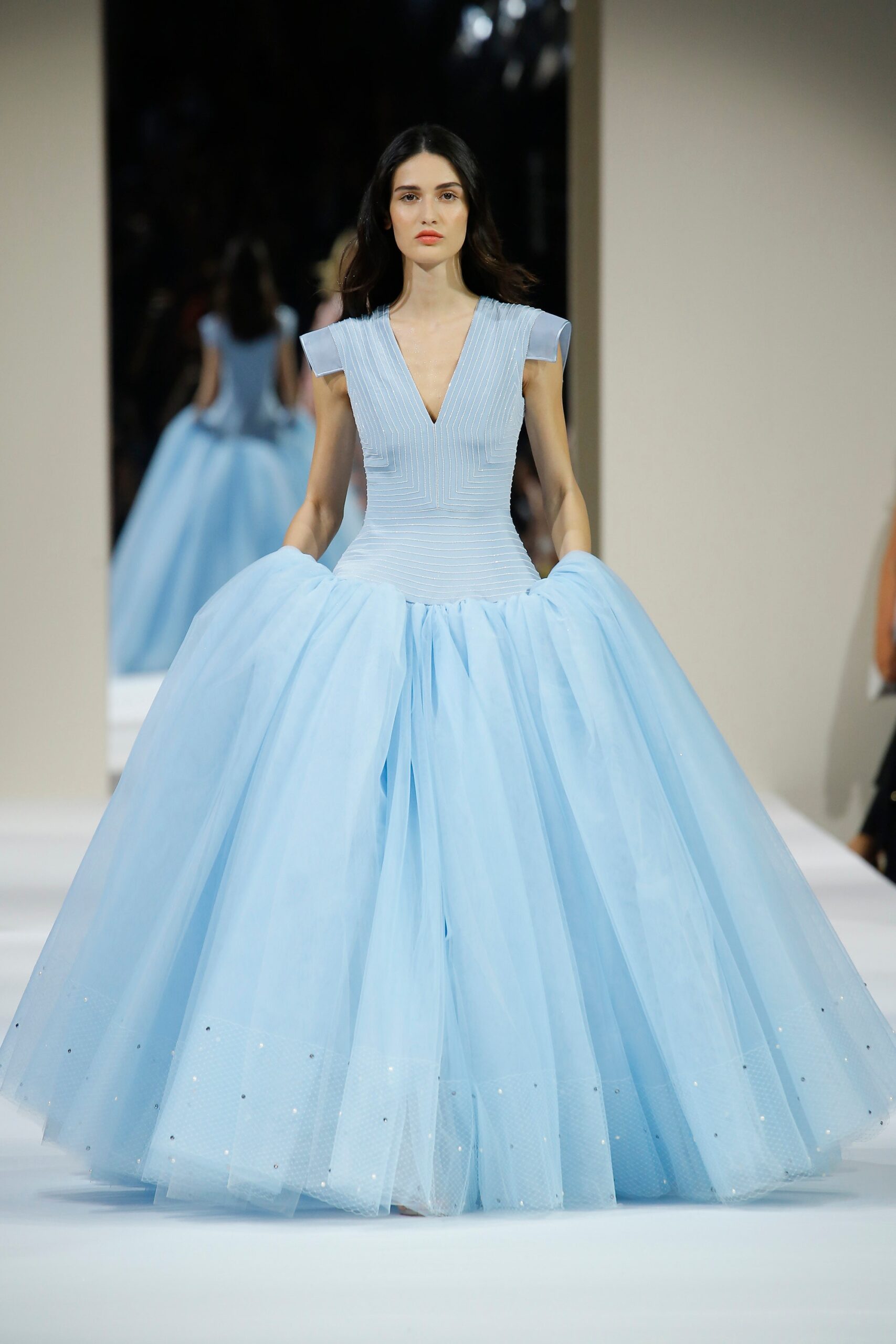 blue tulle sleeveless gown