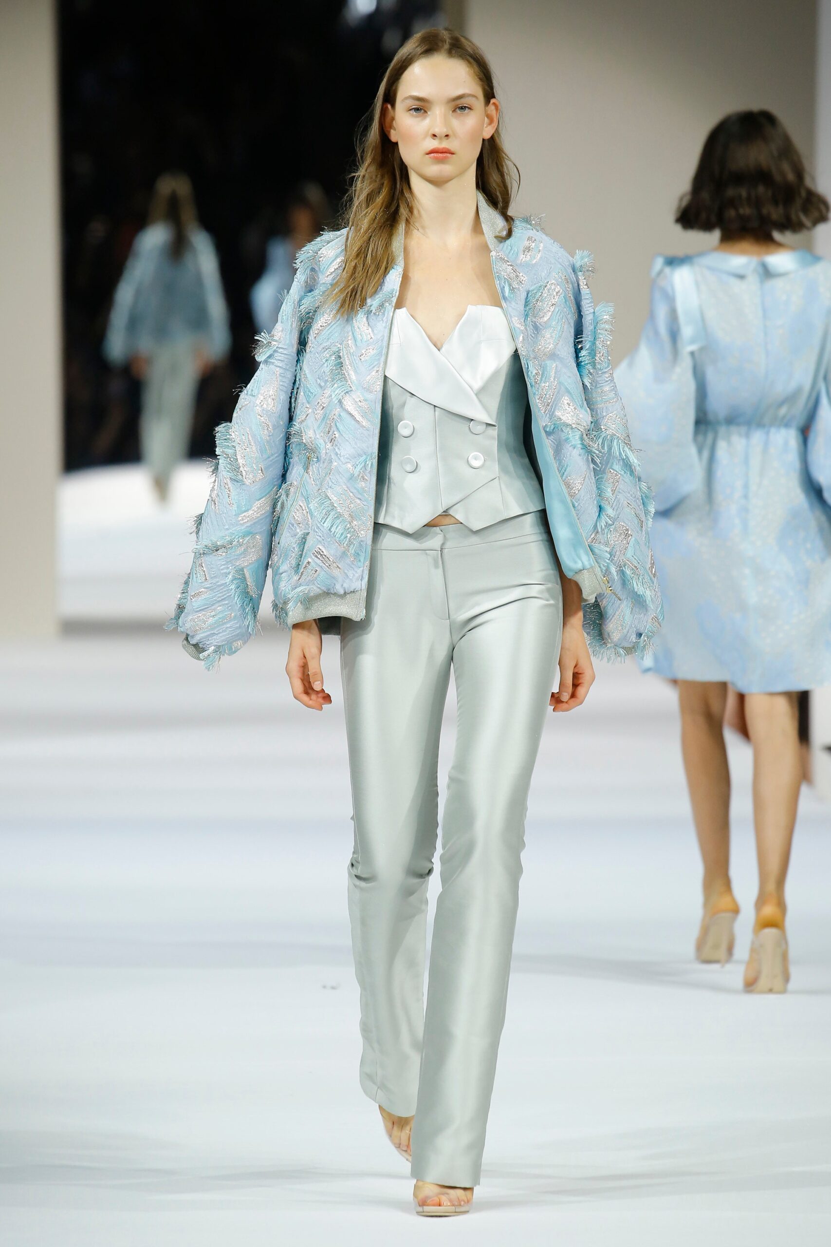 blue oversized jacket with silk blouse