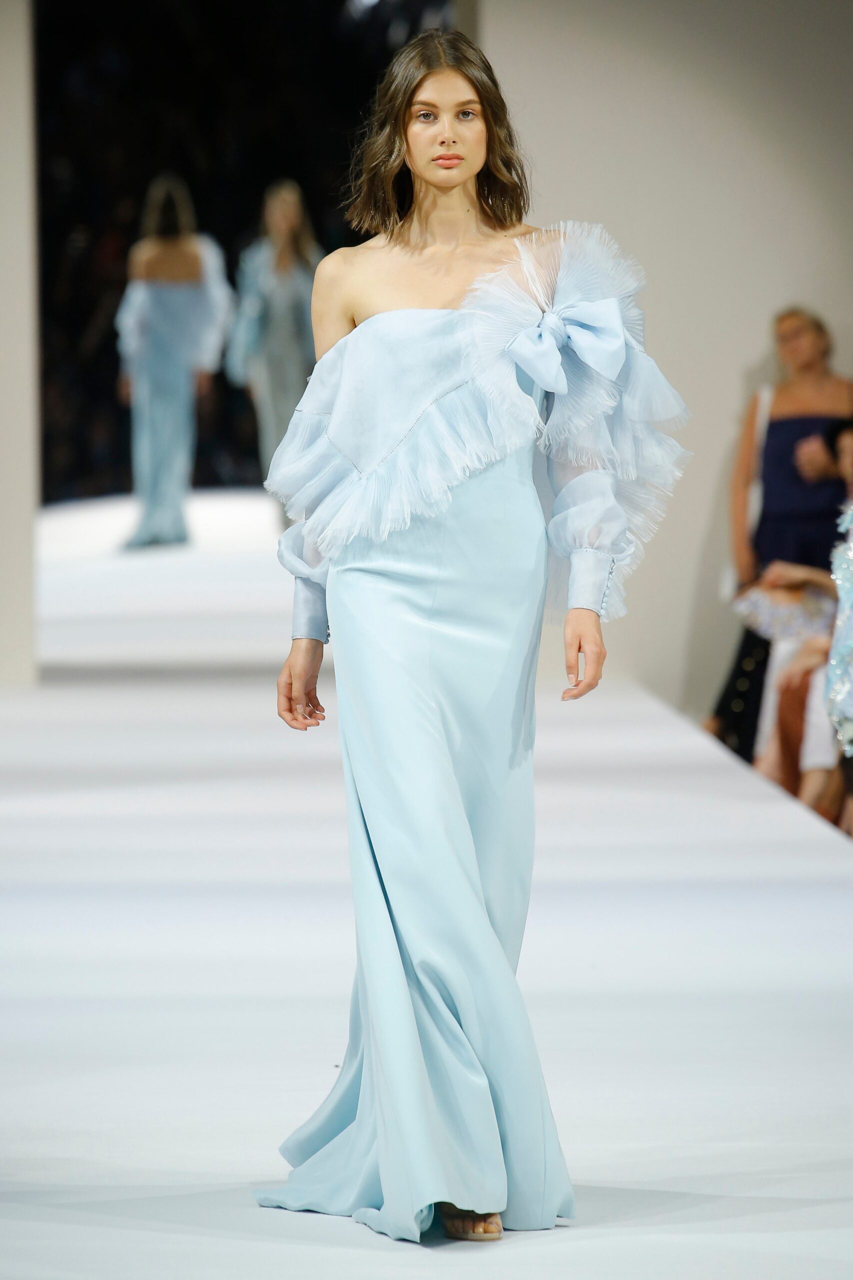 blue silk off-shoulder gown