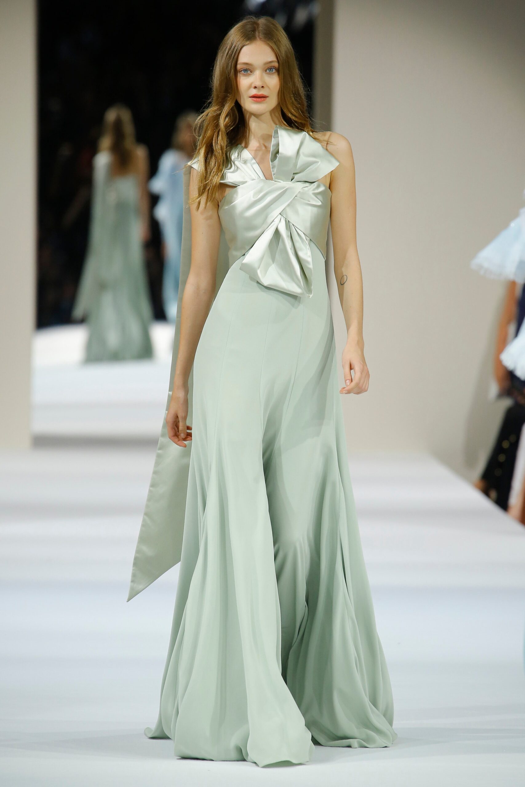 green silk sleeveless gown