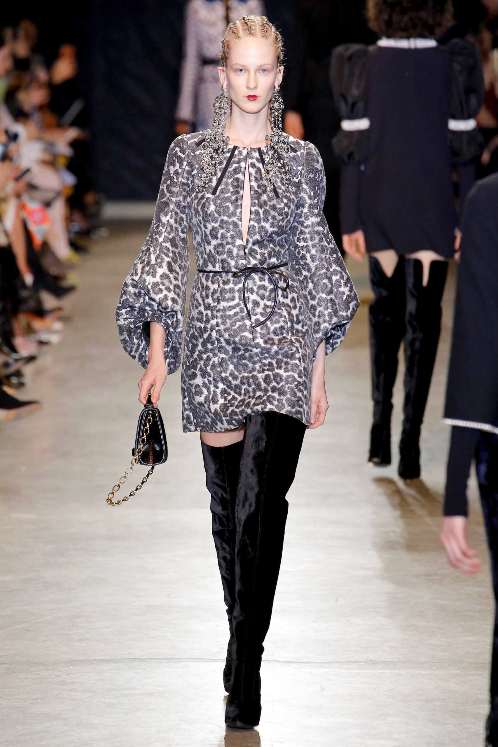 gray silk long-sleeve v-neck fitted animal-print belted dress