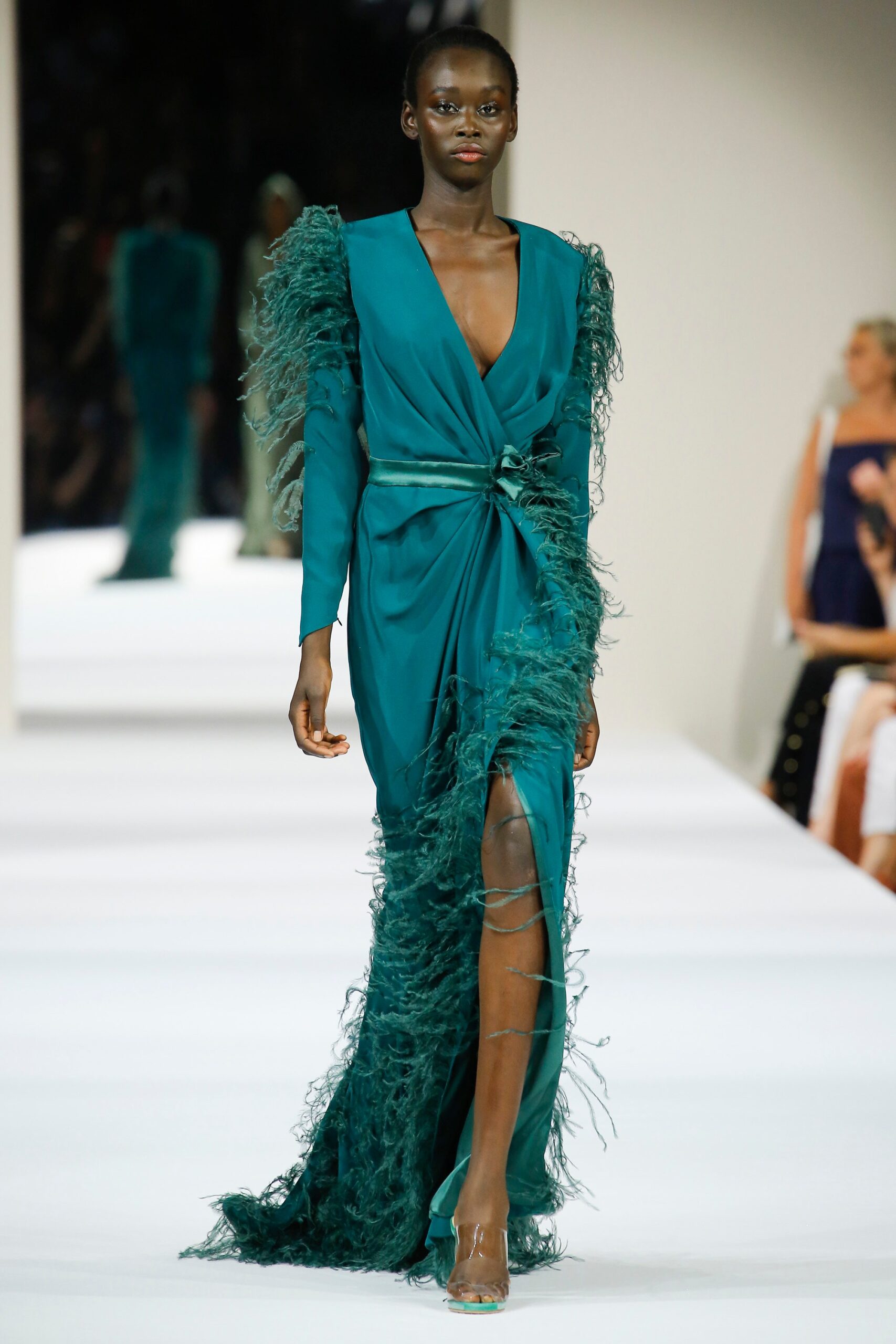 teal silk fitted gown