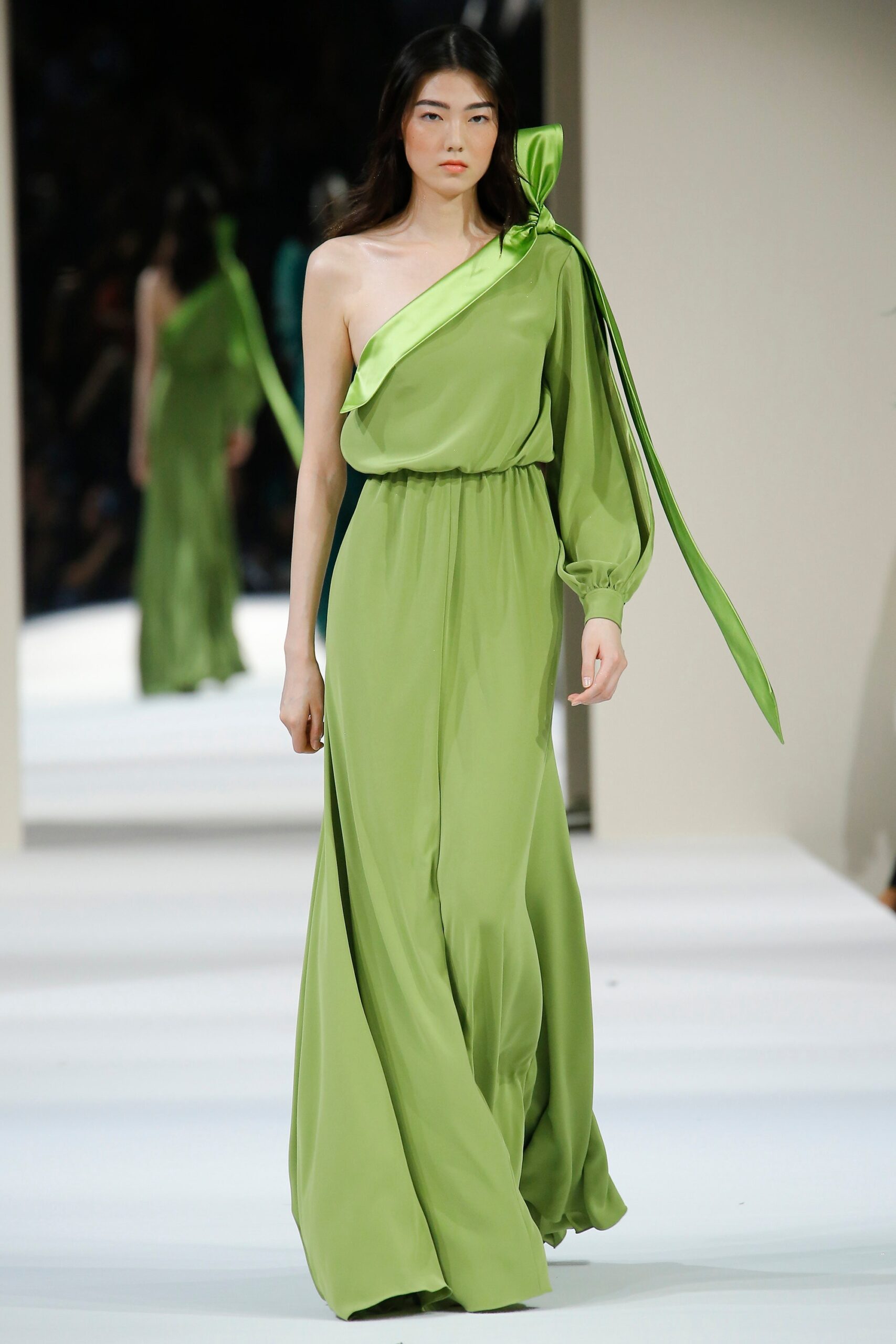 green silk one-shoulder gown