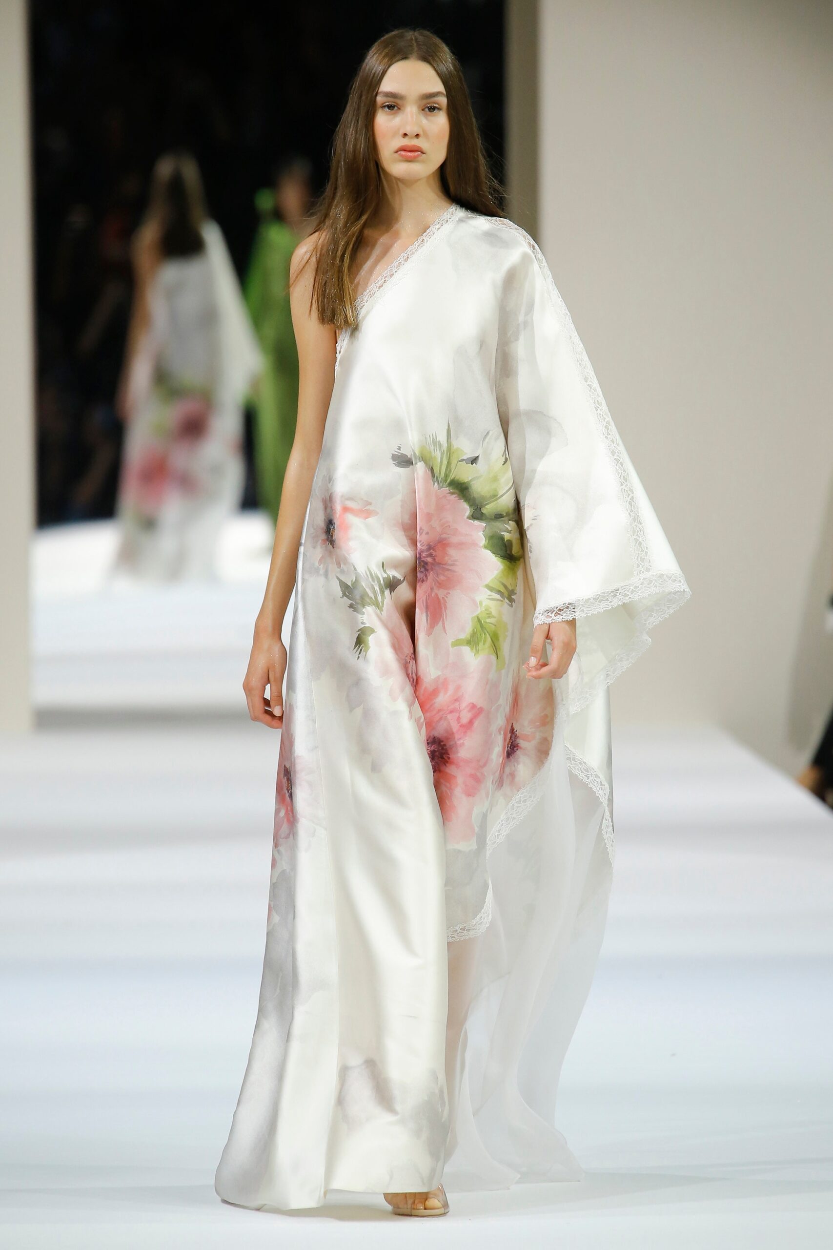 white floral asymmetric gown