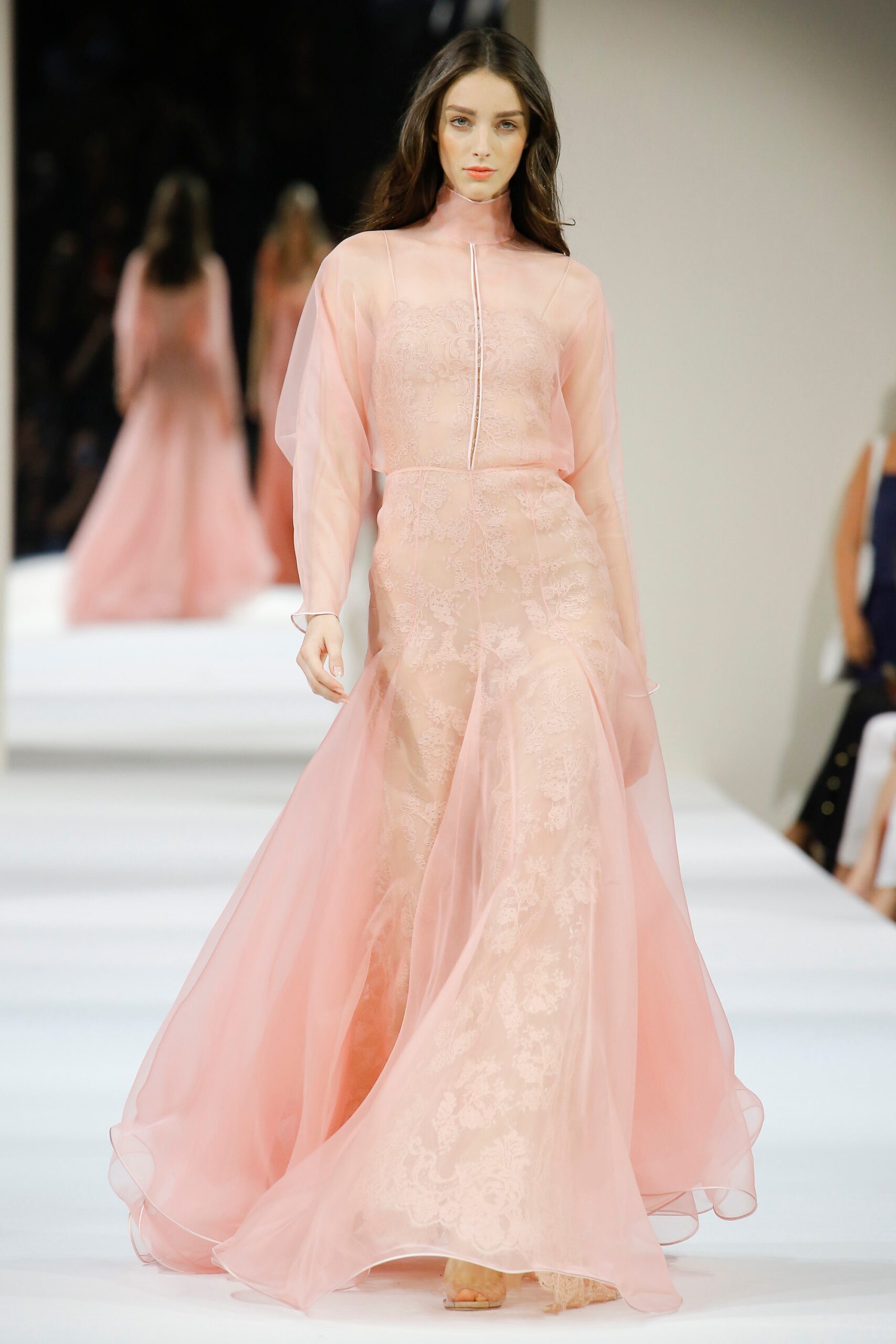 pink silk long-sleeve gown