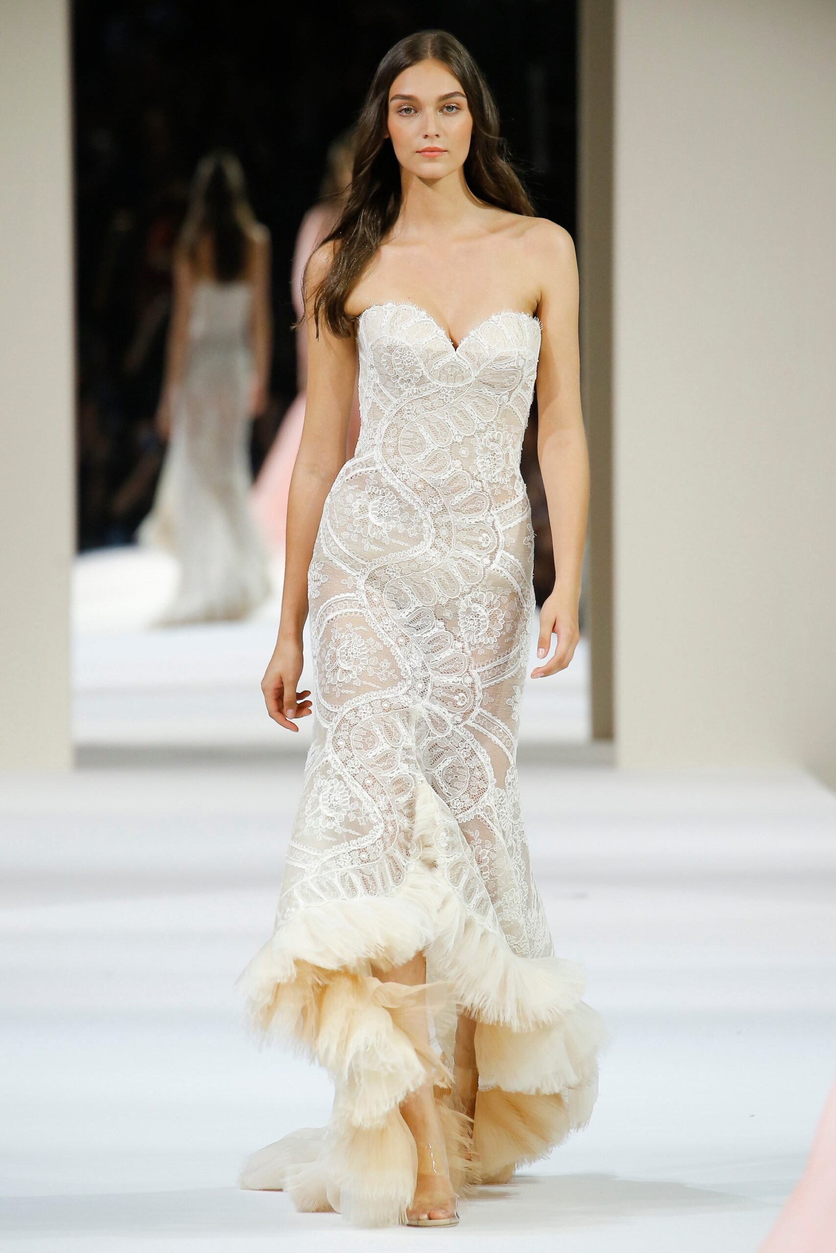 white lace strapless gown