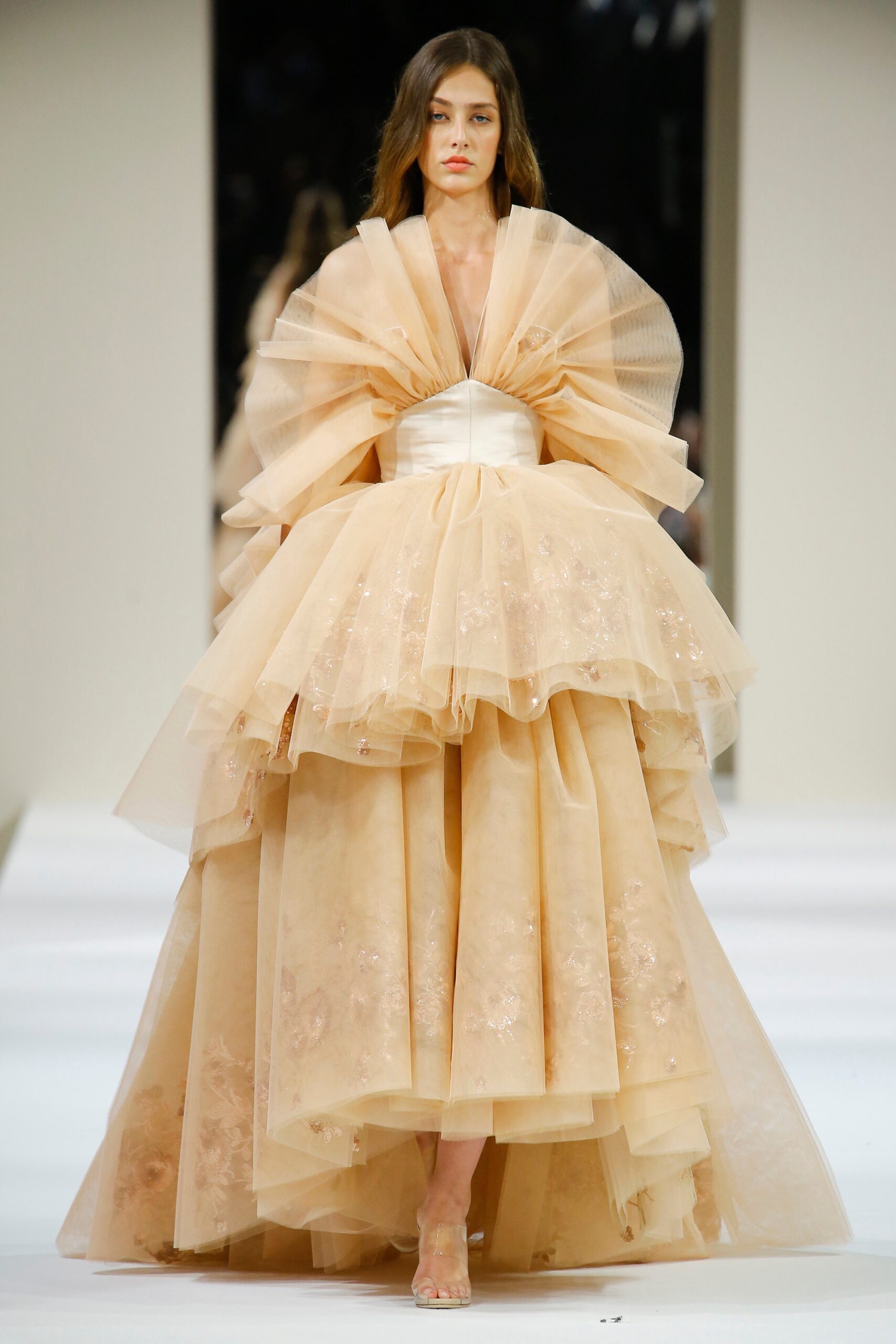 beige tulle ruffled gown