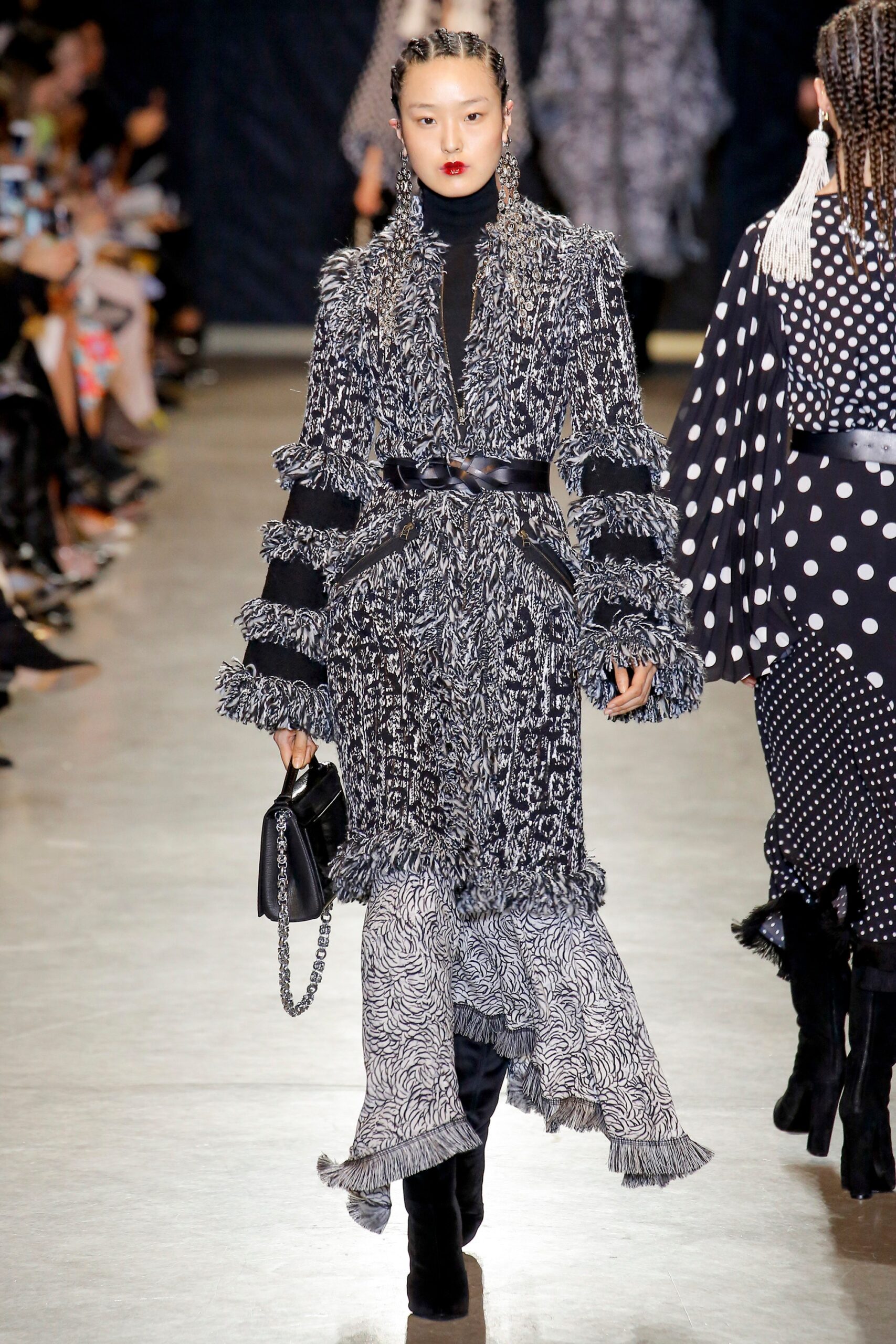 black and white fringed coat