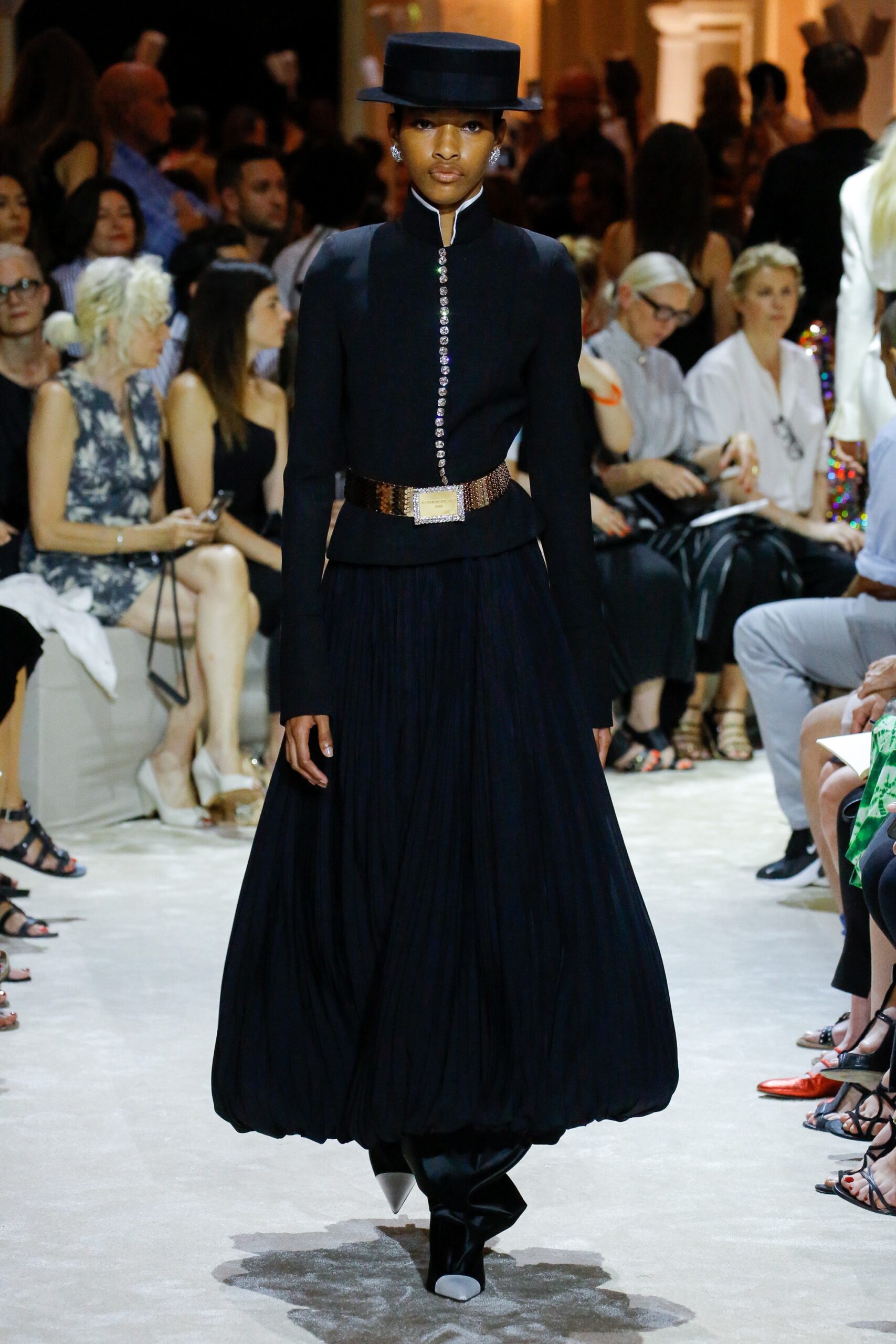 black silk relaxed high-waisted pleated flowing midi skirt