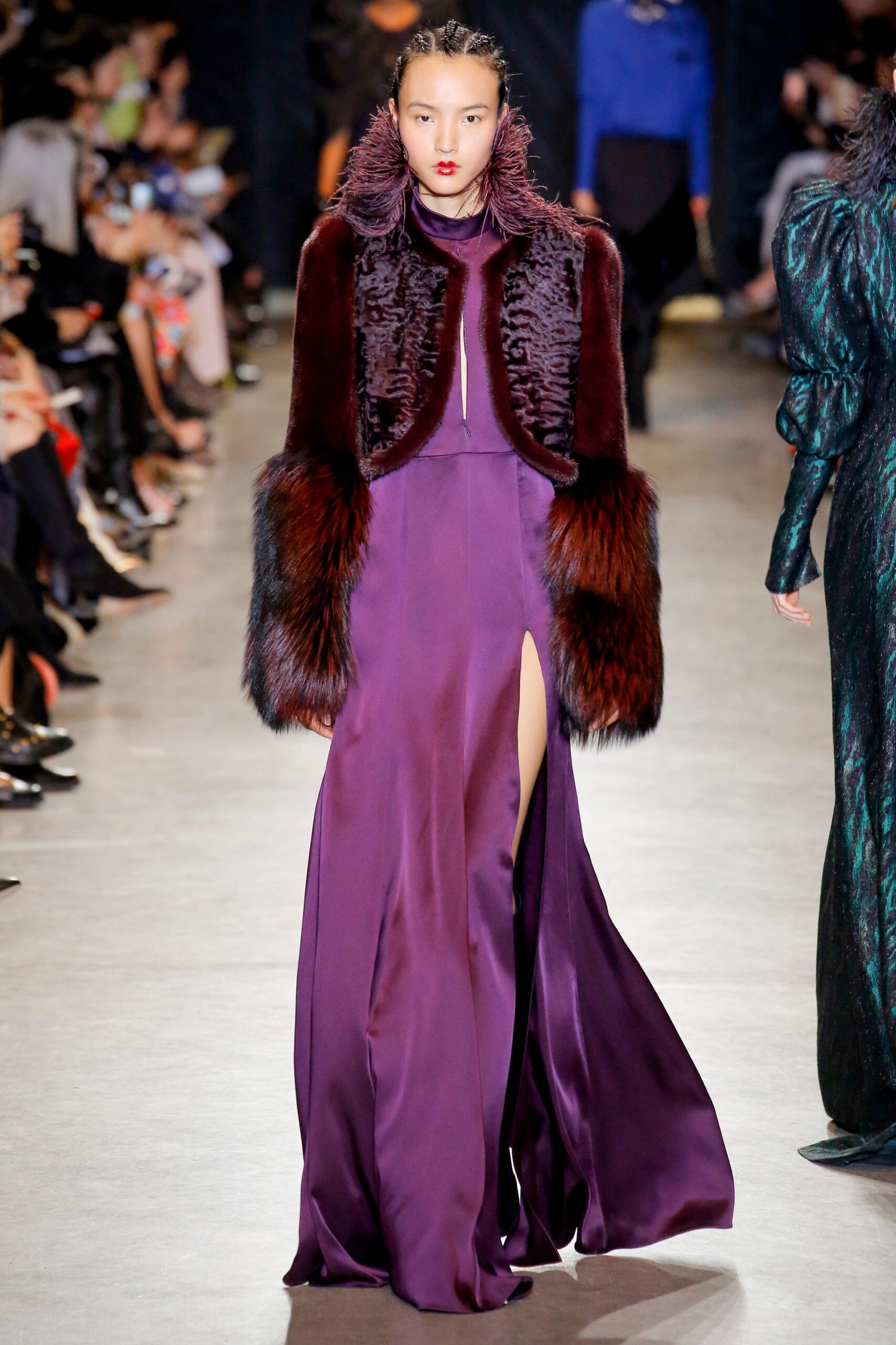 purple silk sleeveless v-neck fitted draped maxi gown