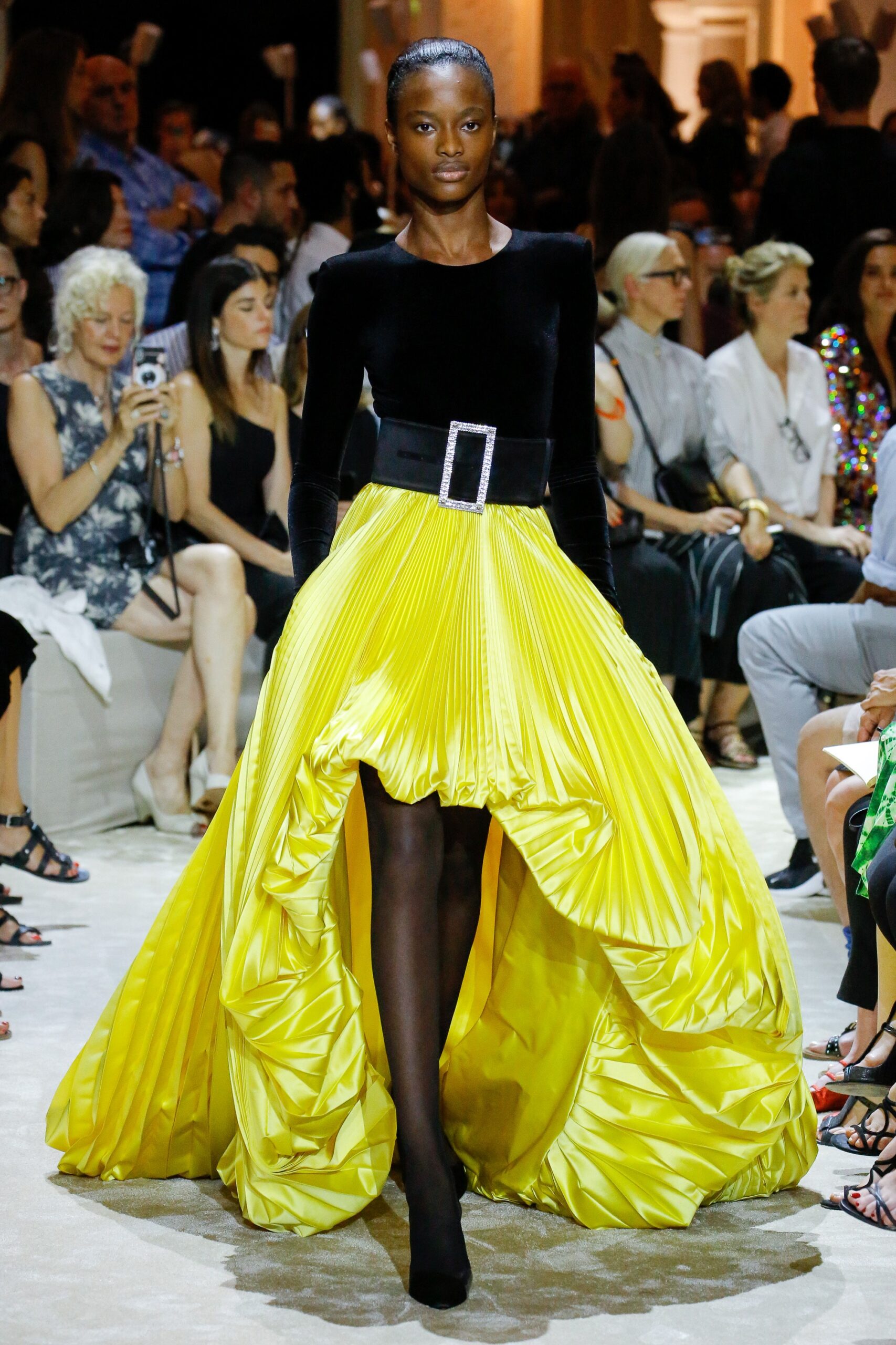 yellow silk asymmetric fitted pleated flowing midi skirt