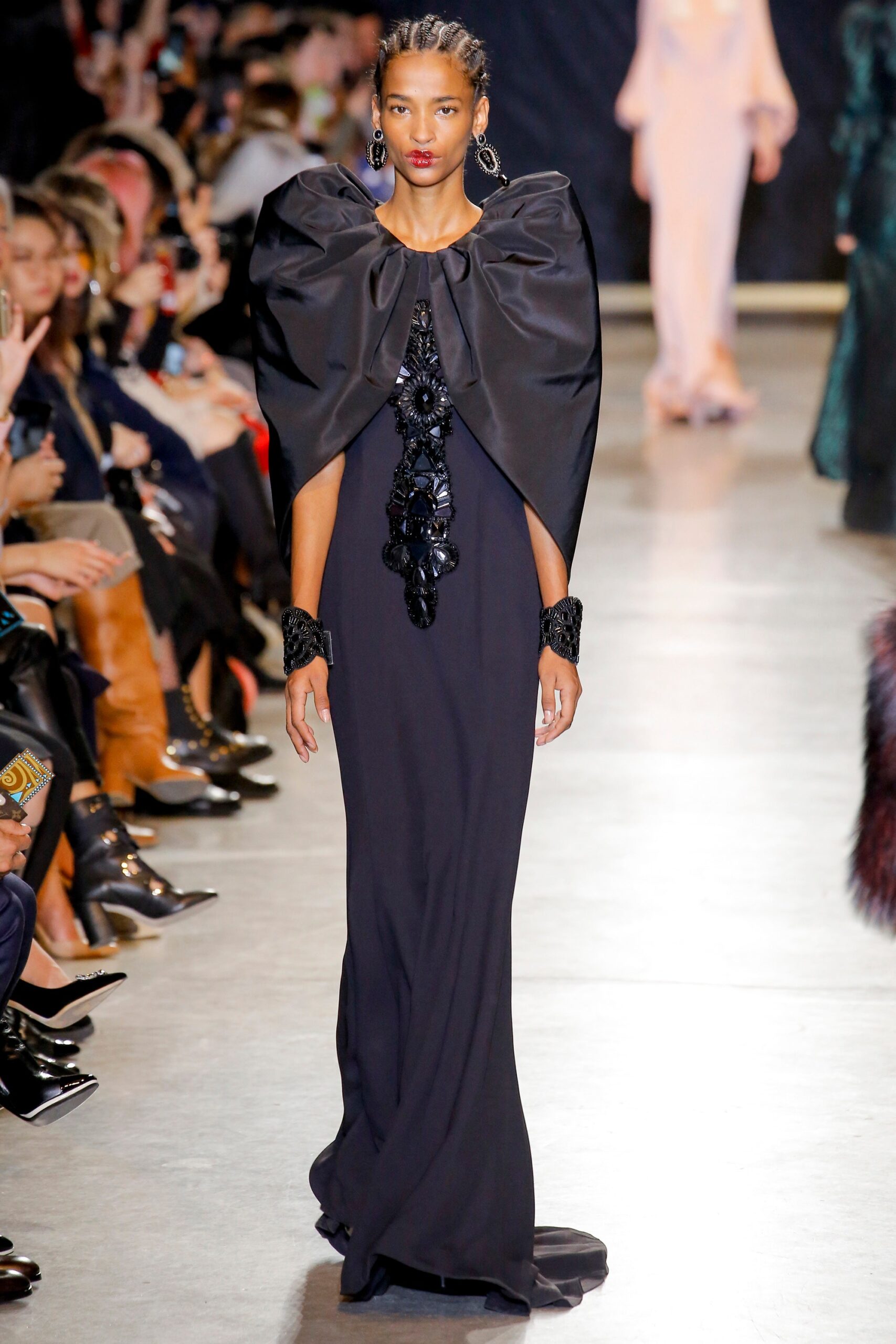 black silk long-sleeve structured pleated cape