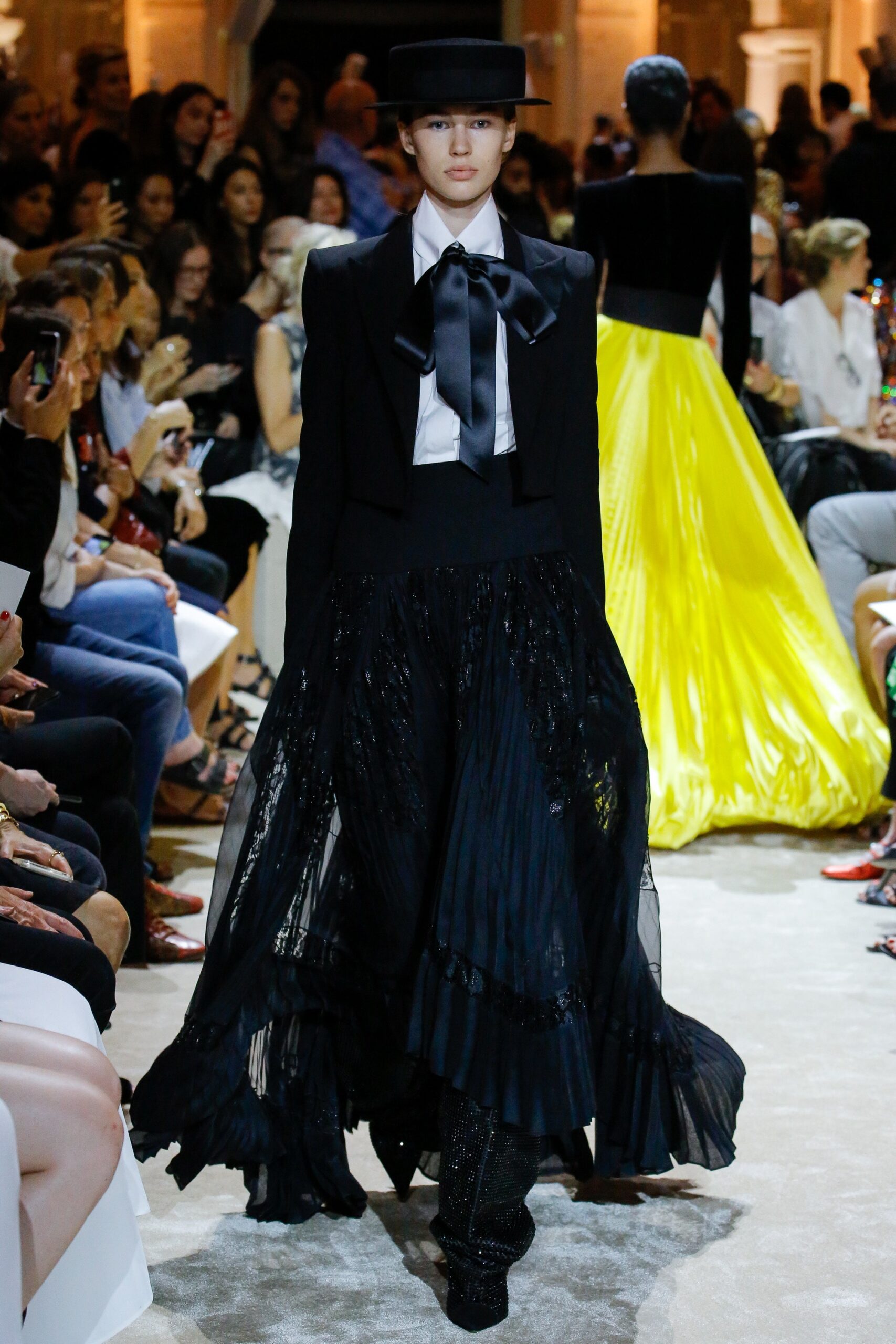black tulle fitted high-waisted pleated flowing skirt