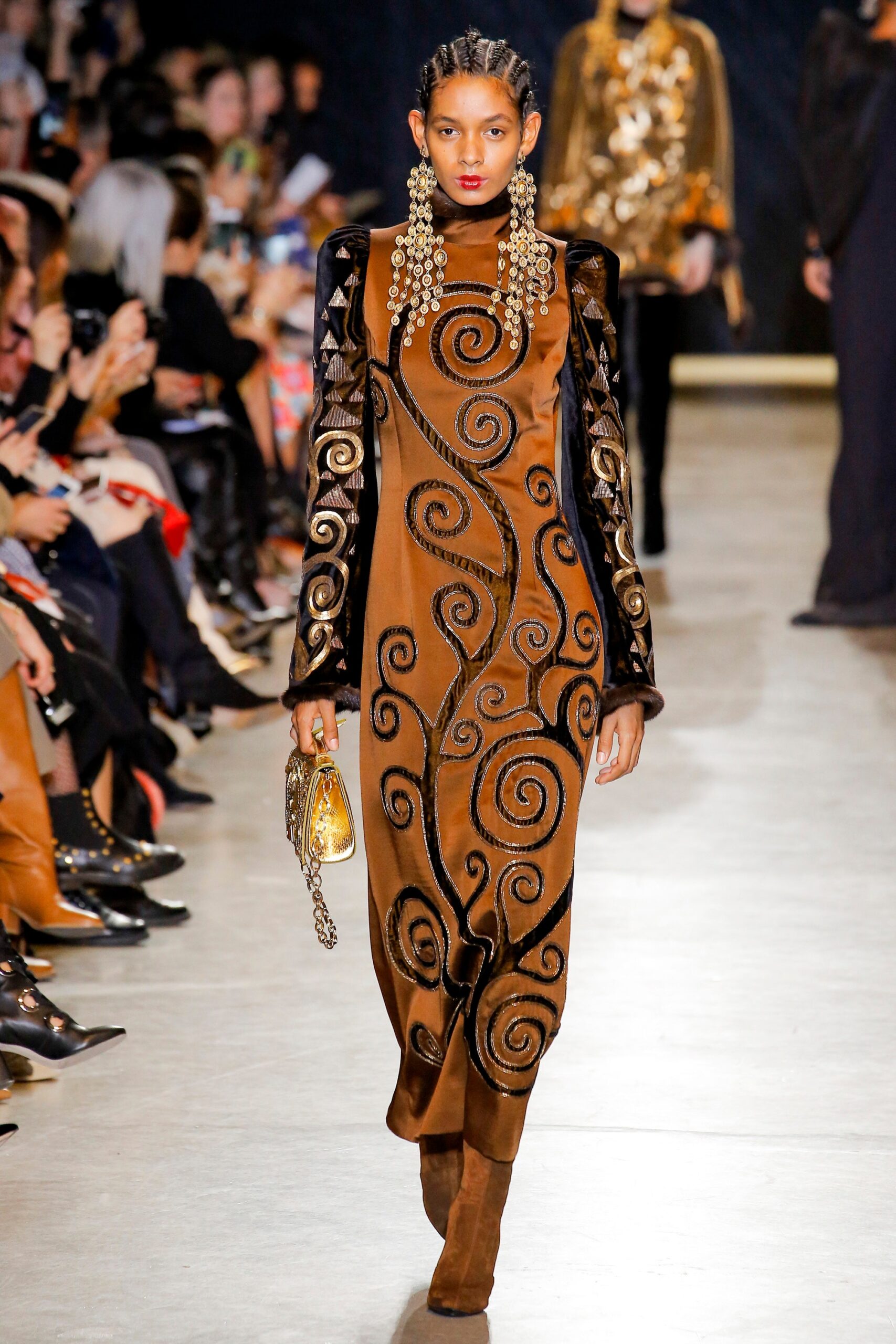 brown velvet embroidered midi dress