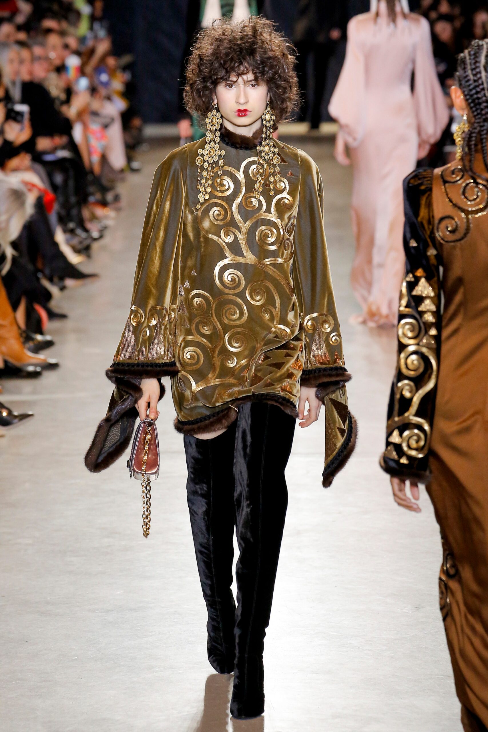 gold embroidered velvet top with black pants