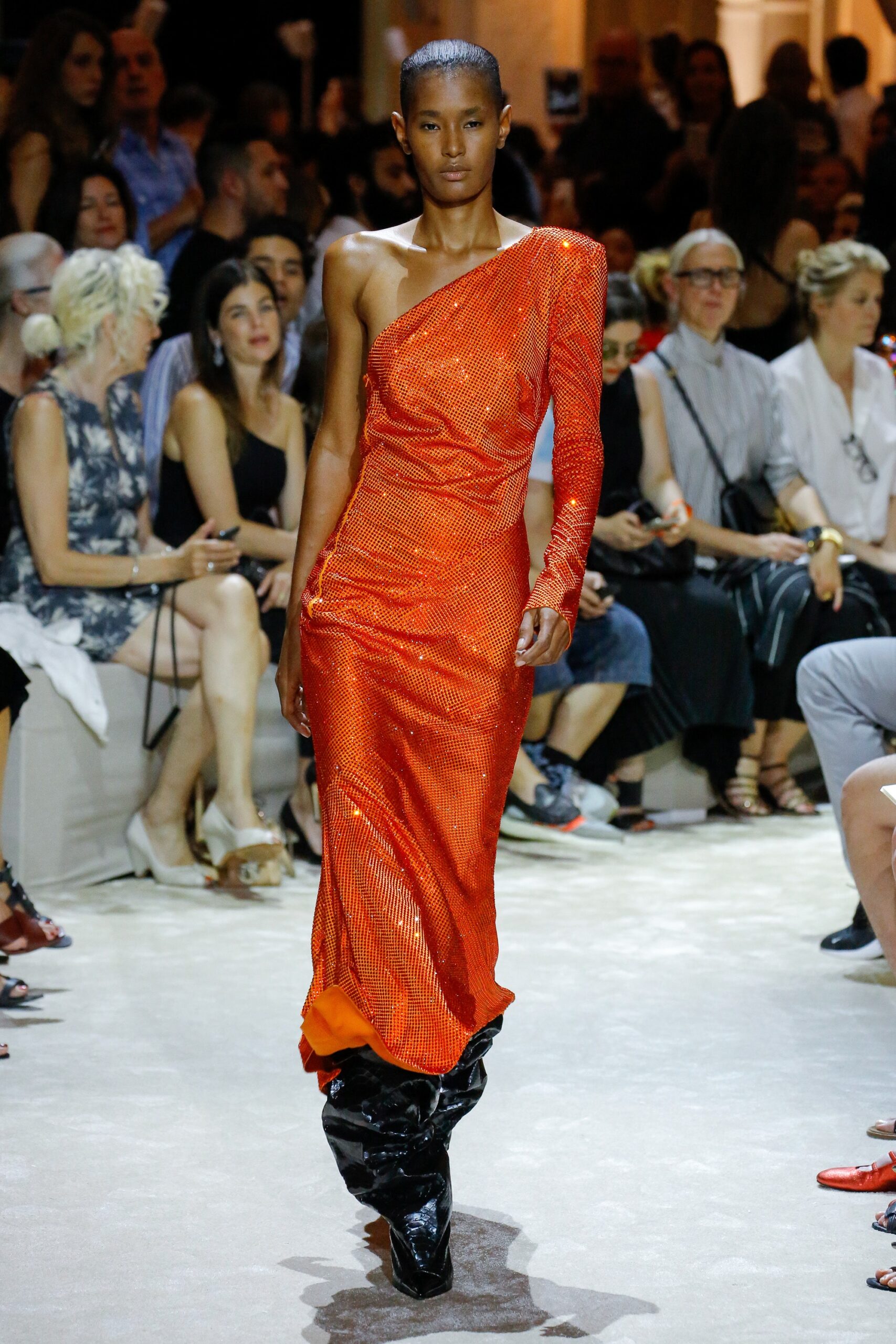 orange silk long-sleeve off-shoulder fitted sequined shiny gown