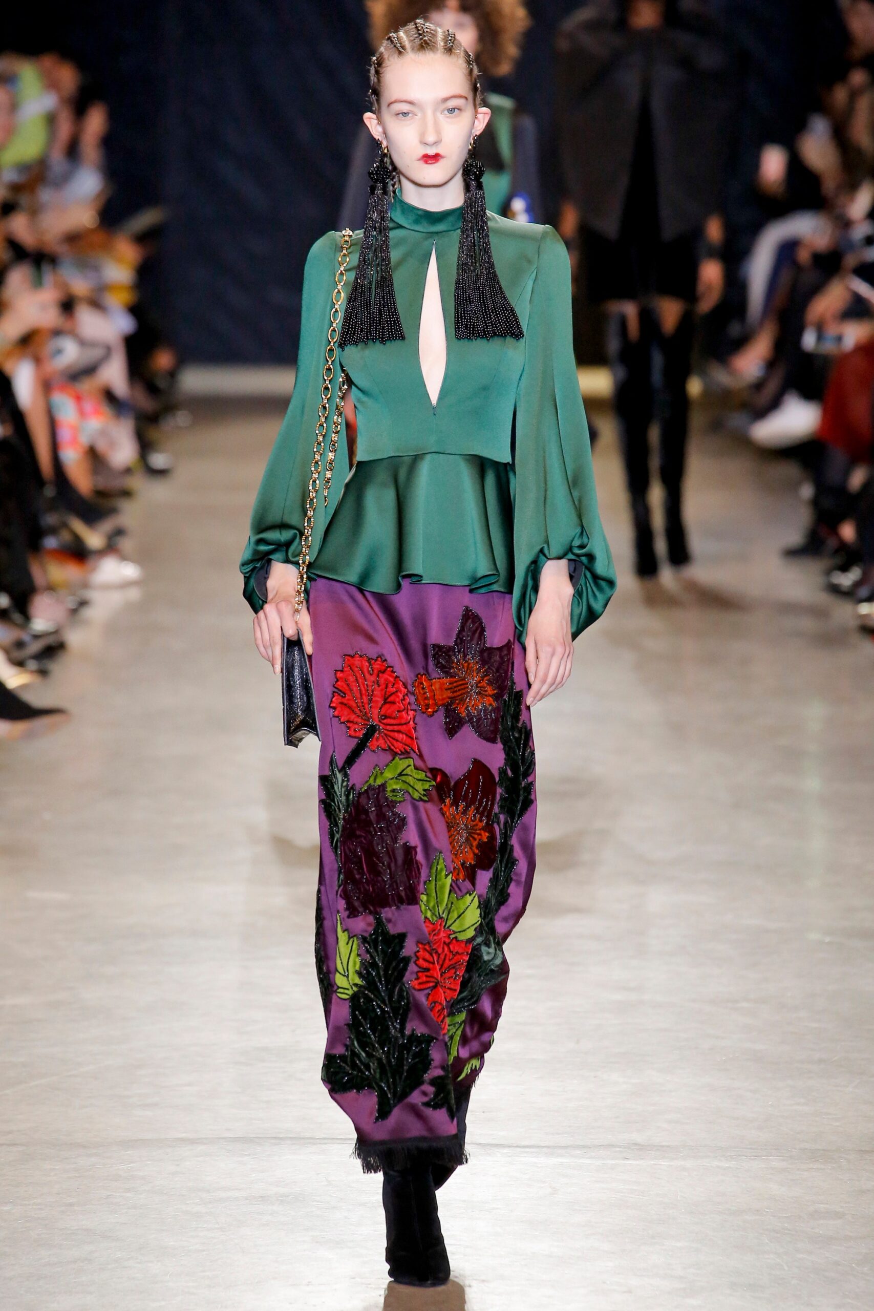 green silk top with purple embroidered skirt