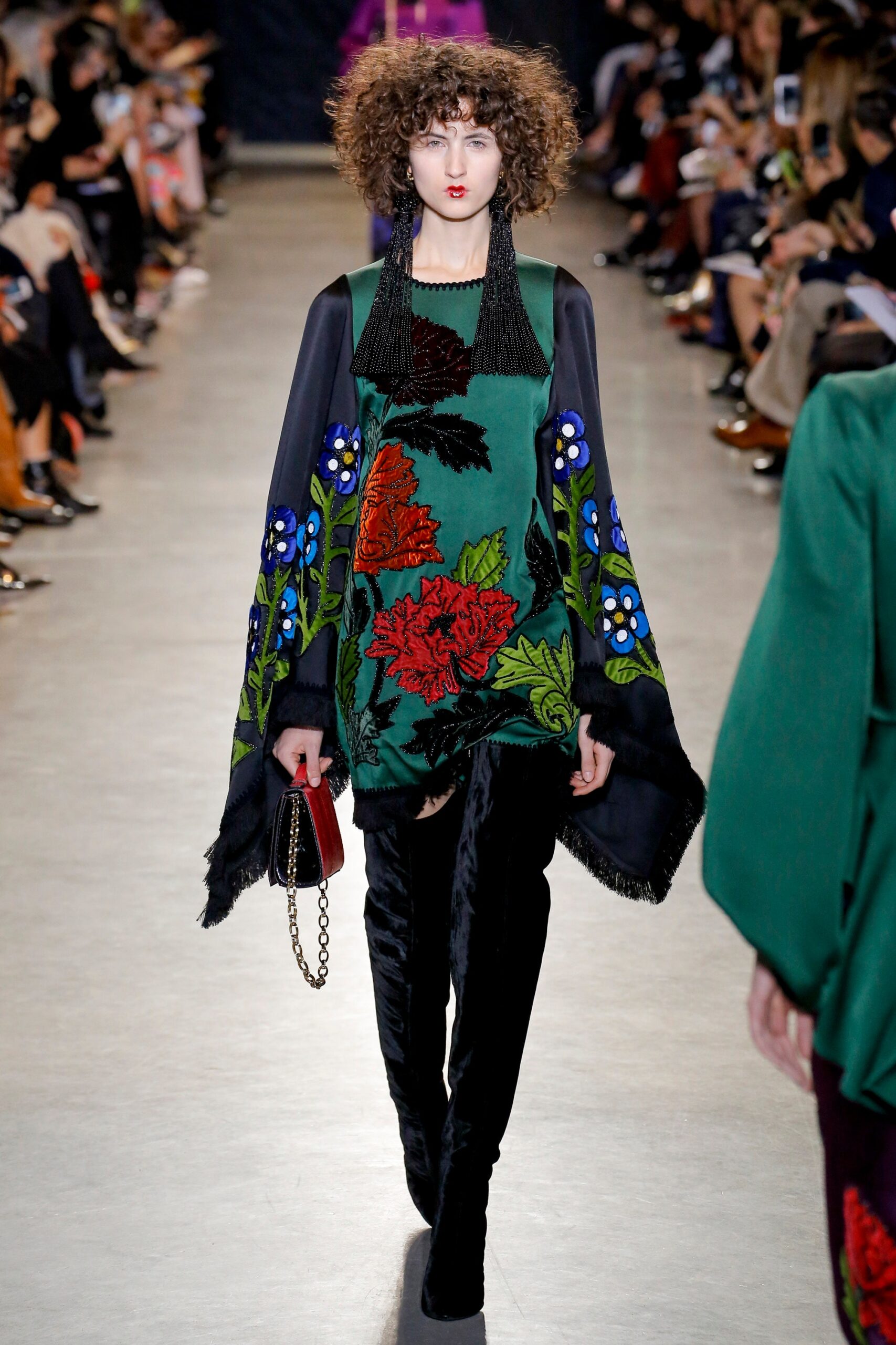 green wool sleeveless relaxed embroidered poncho