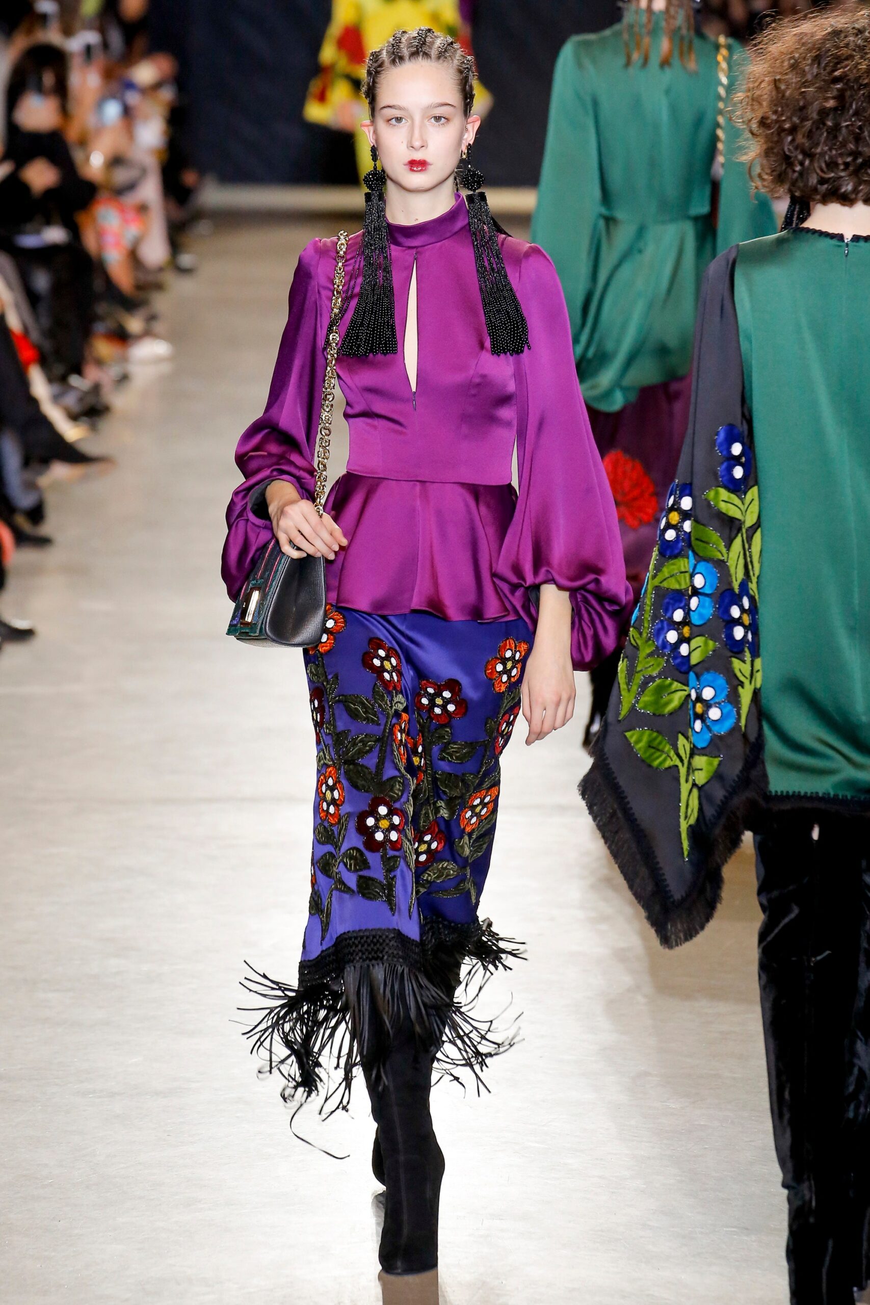 purple fitted top with blue embroidered skirt