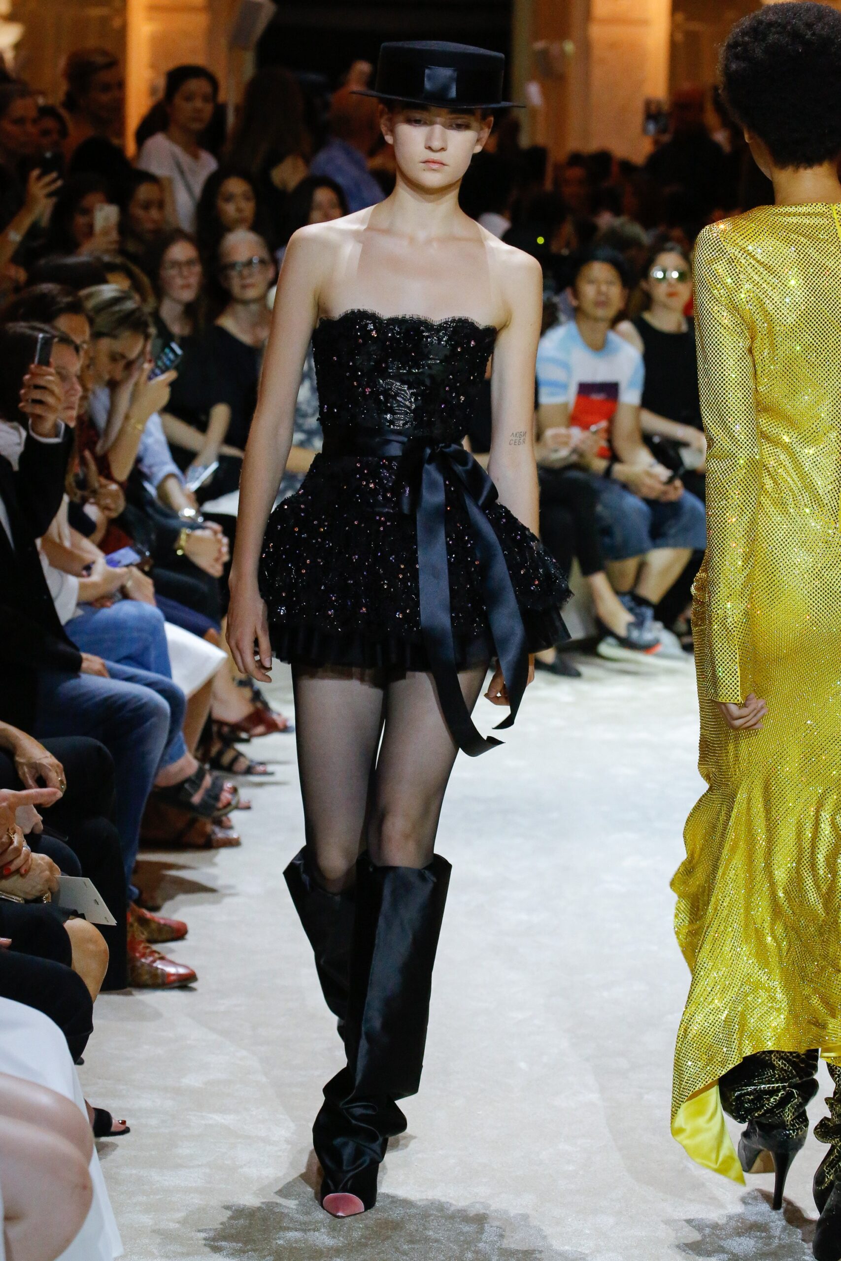 black silk sleeveless strapless fitted ruffled shiny dress