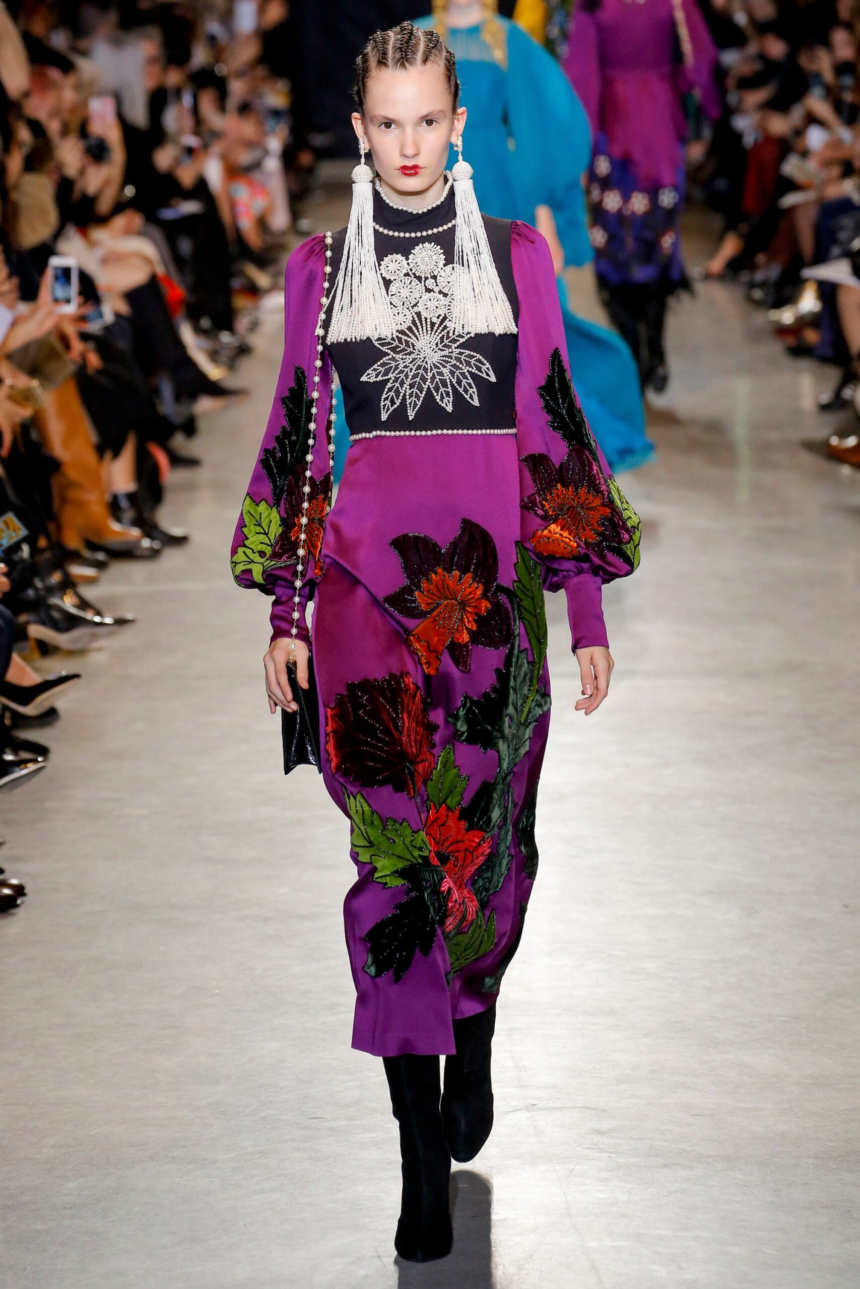 purple embroidered midi dress