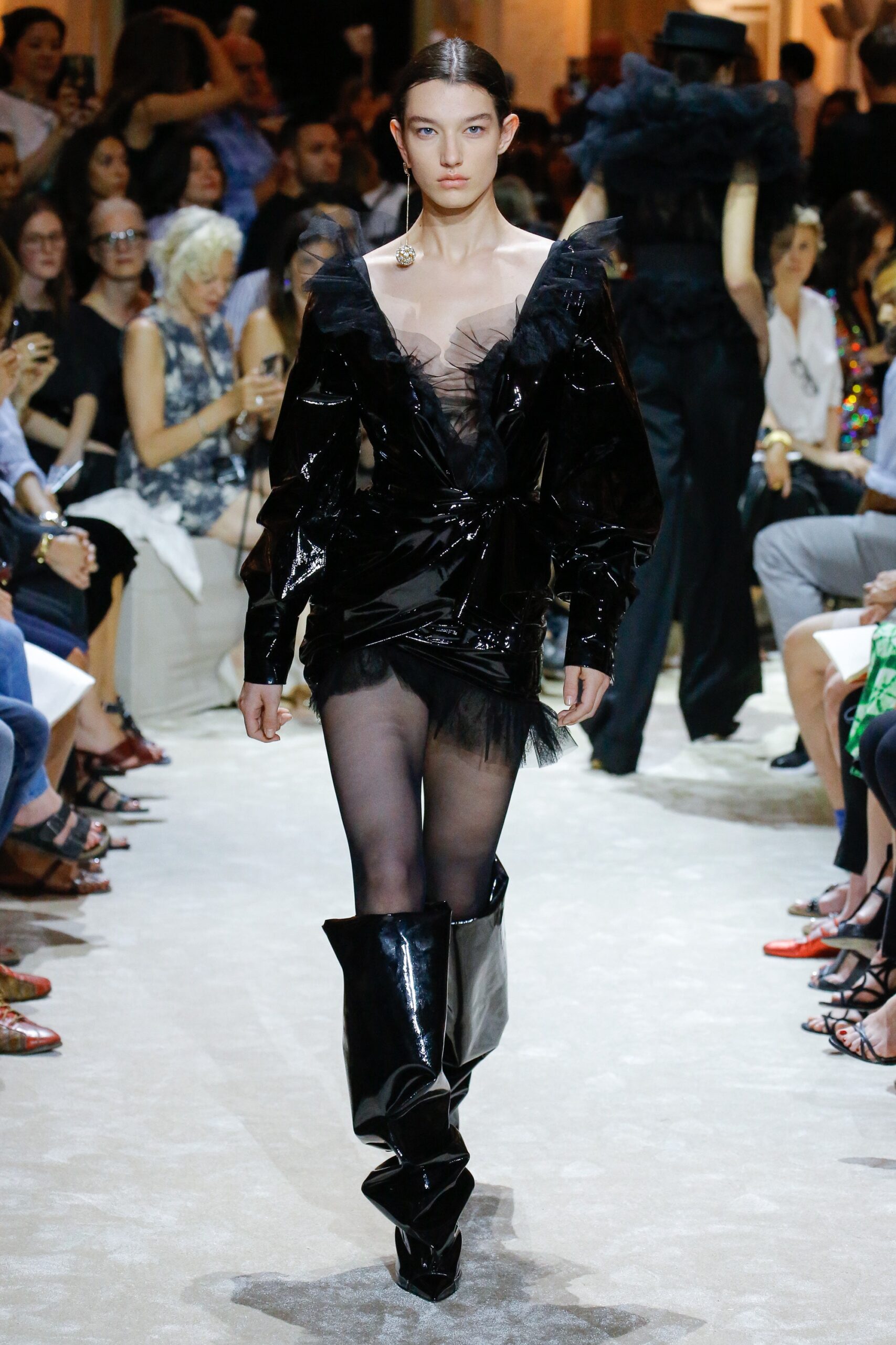 black vinyl mini dress with boots