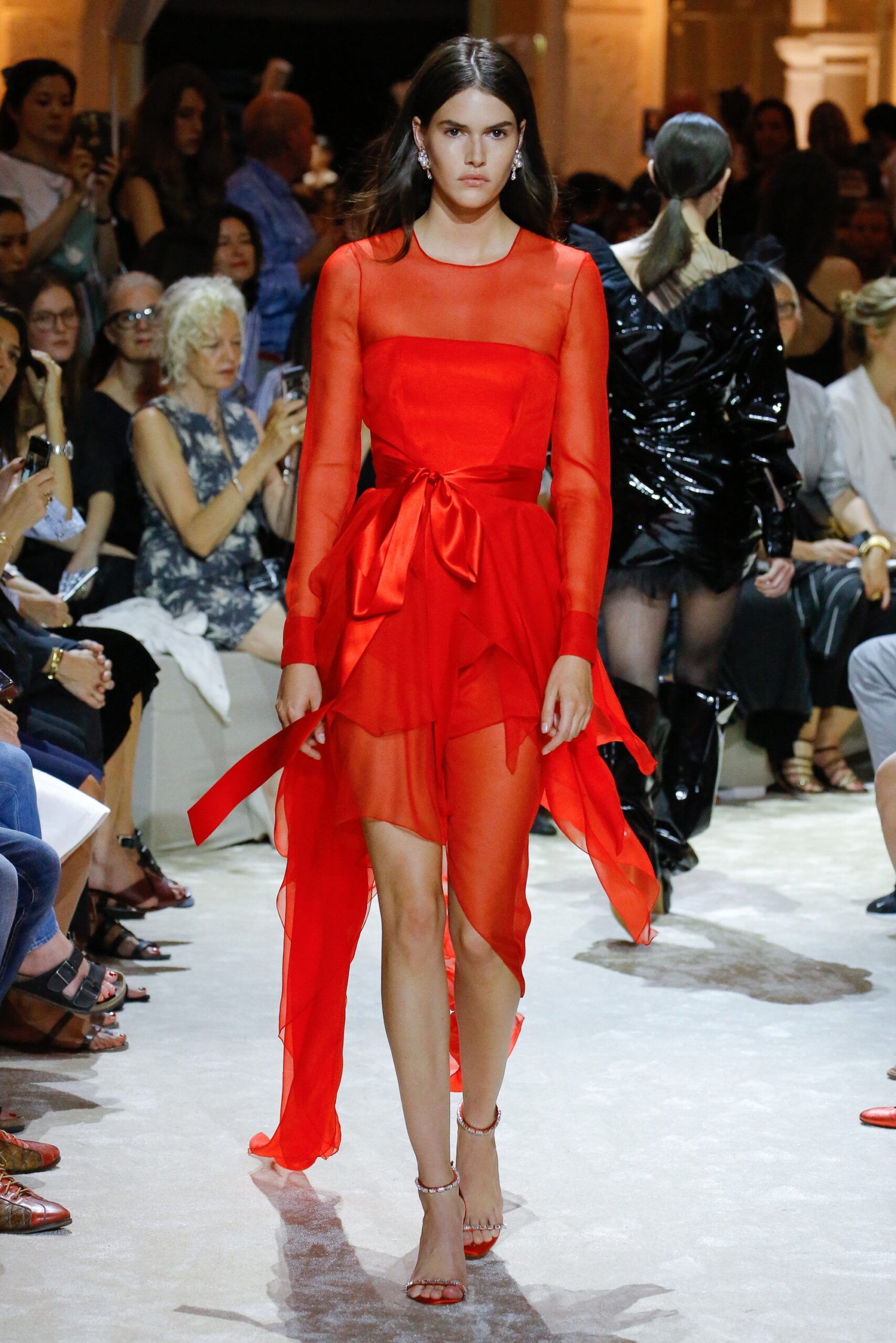 red sheer long-sleeve dress