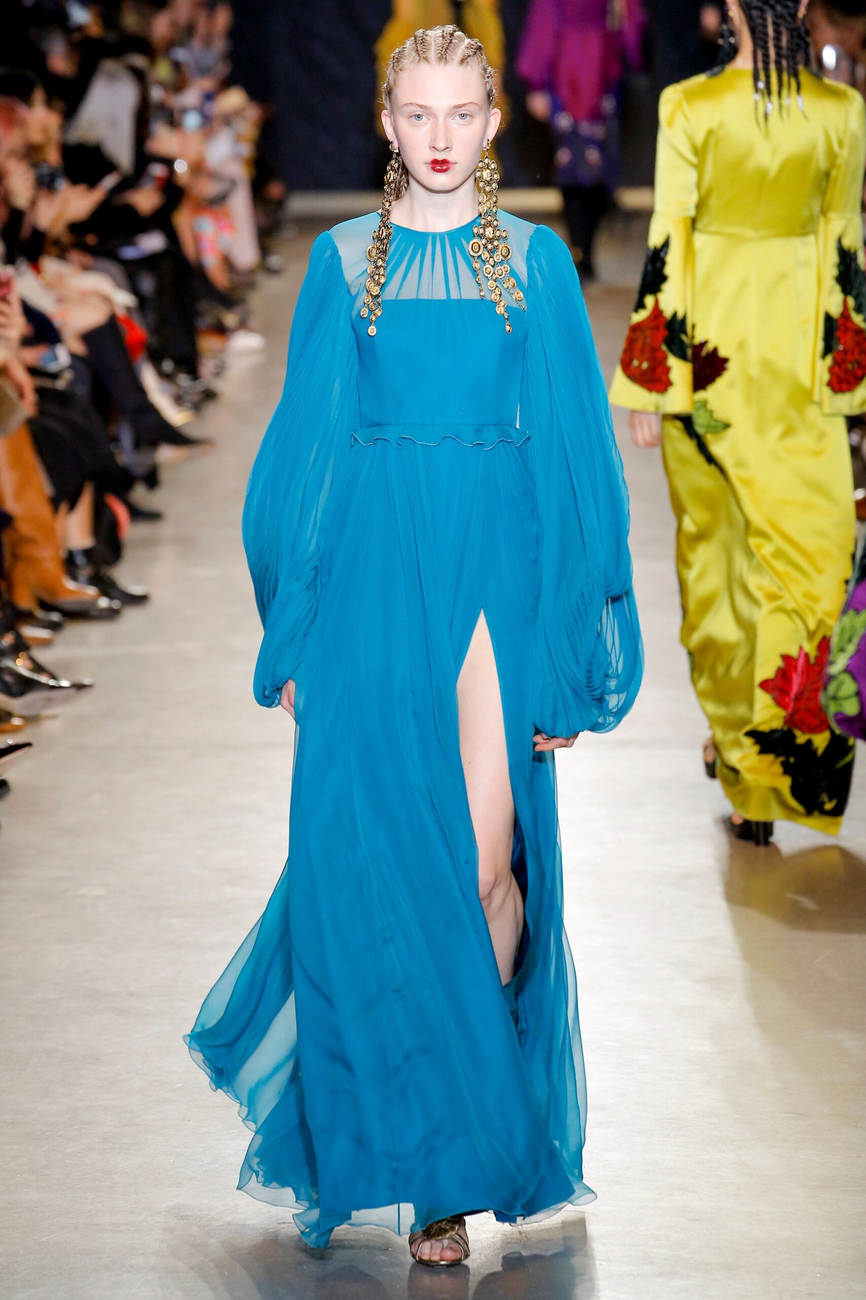 blue chiffon long-sleeve gown