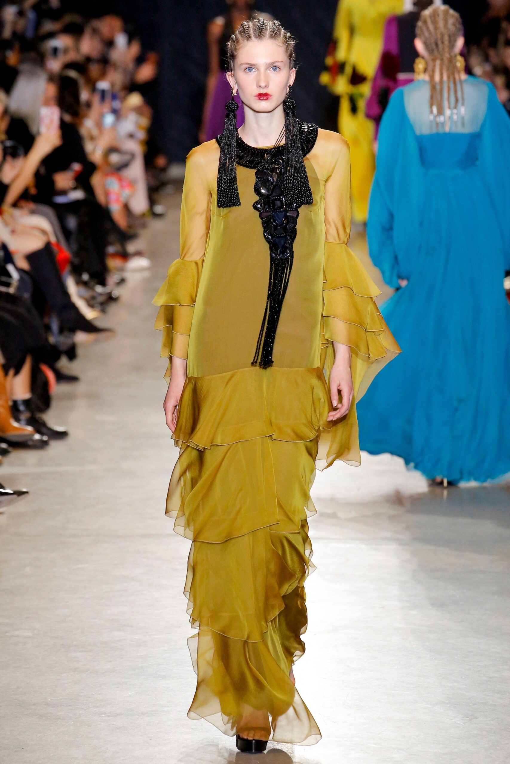 yellow silk ruffled maxi dress