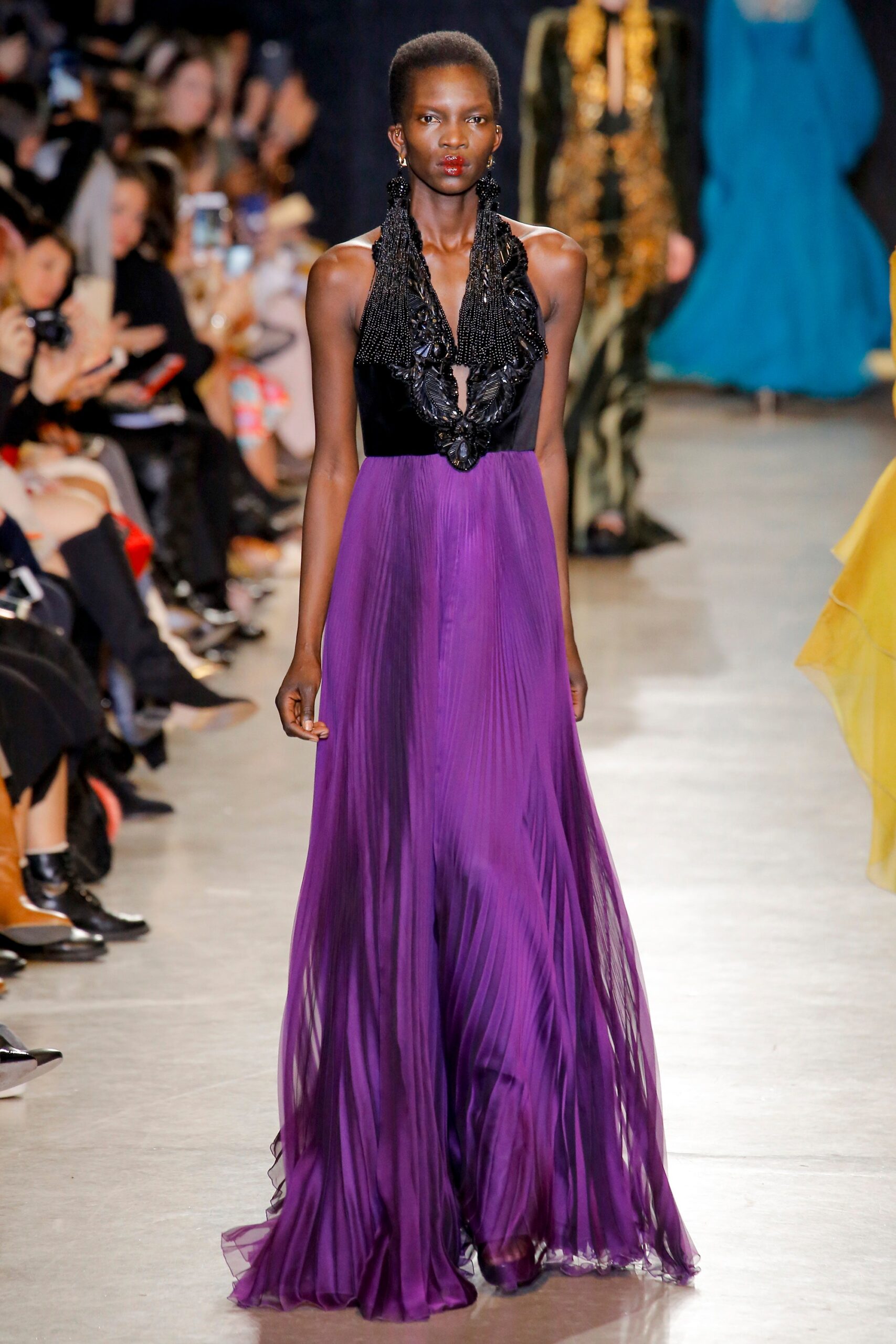purple silk sleeveless gown