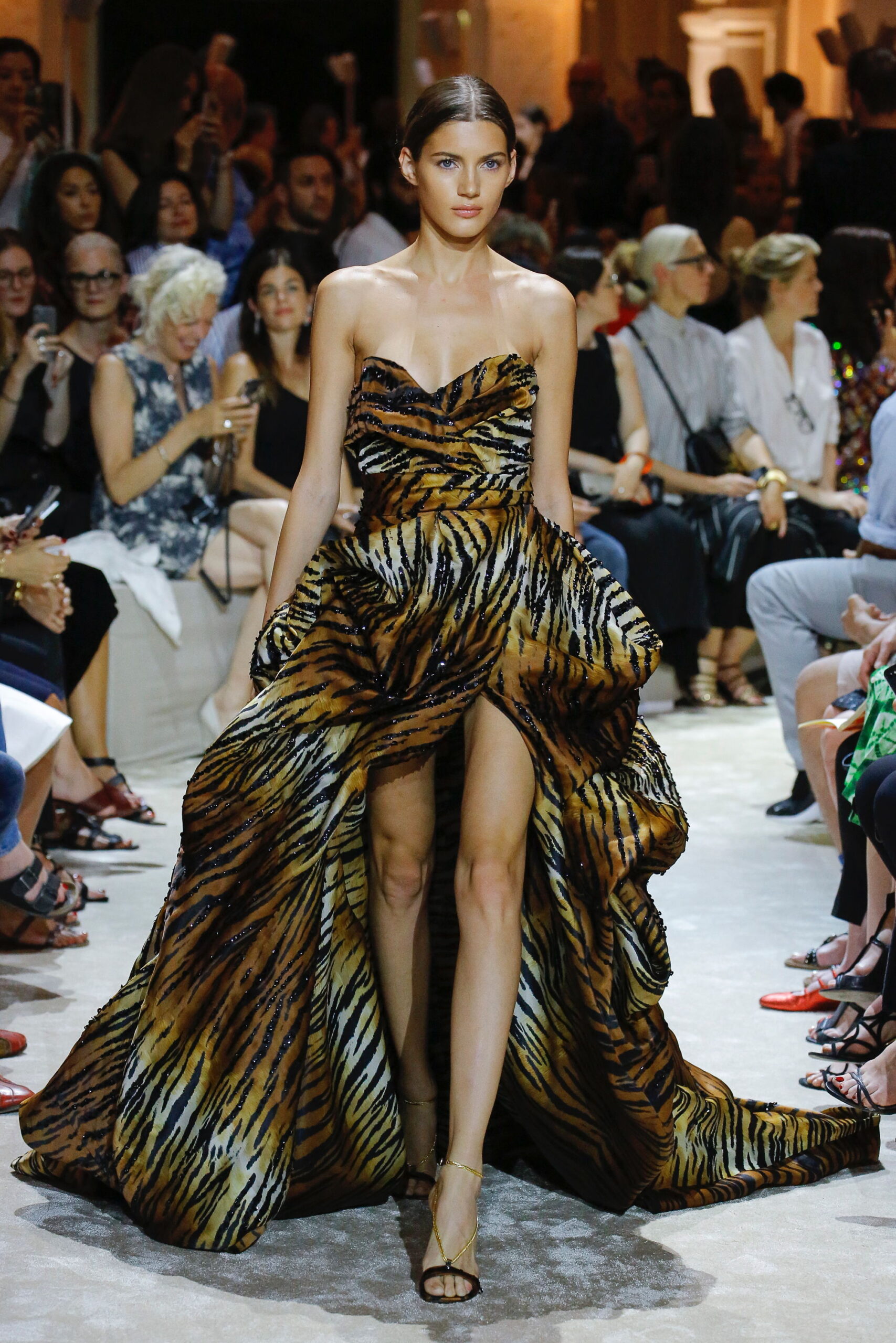 orange and black striped gown