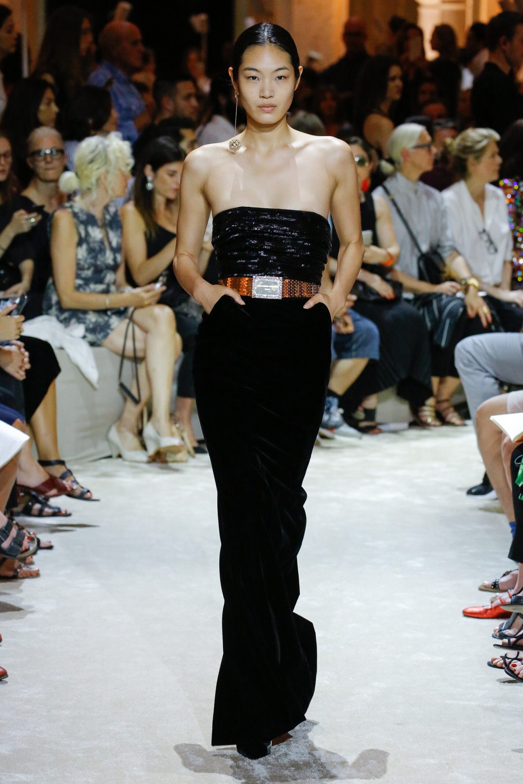 black velvet strapless gown