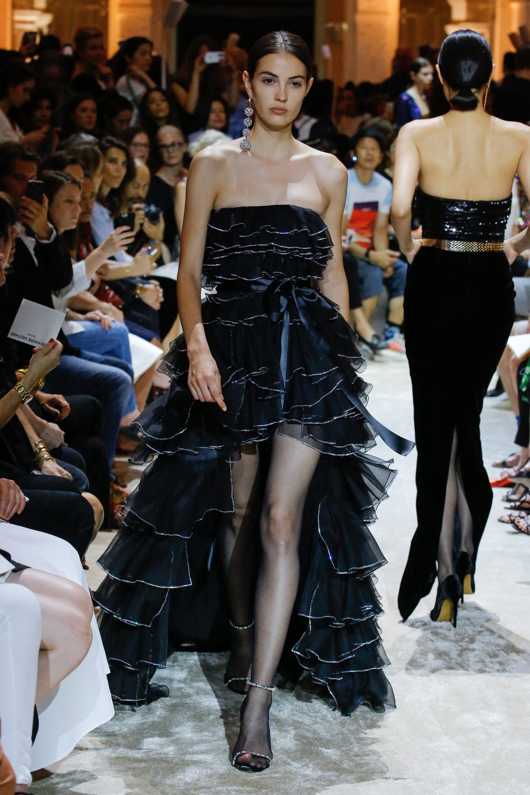 black silk strapless ruffled dress