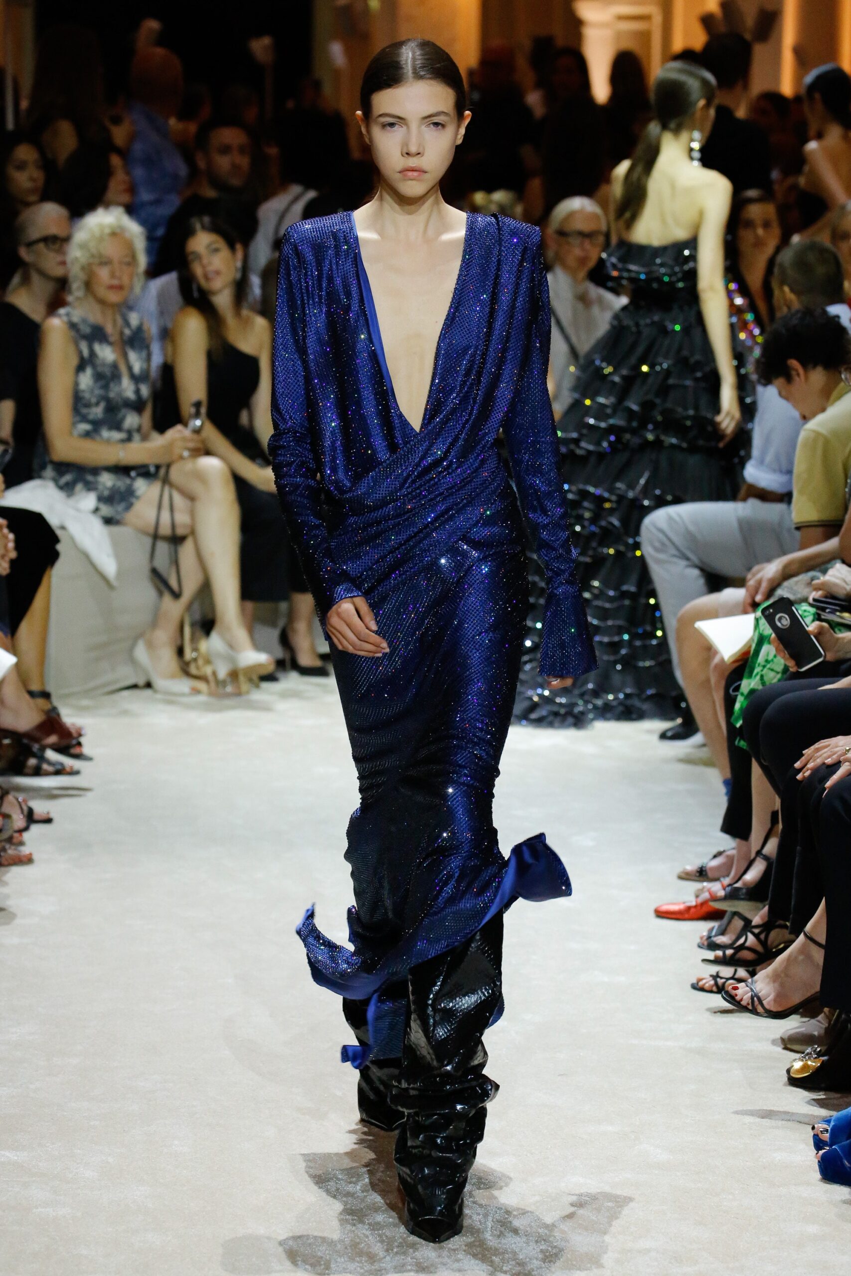 blue silk fitted gown