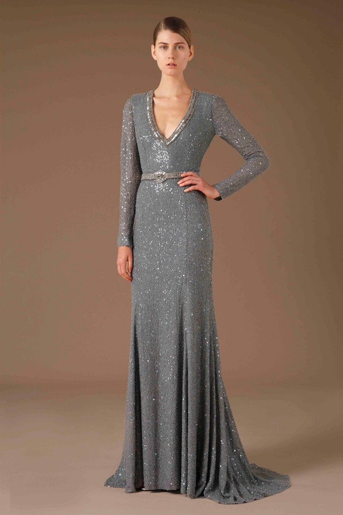 gray sequined long-sleeve gown