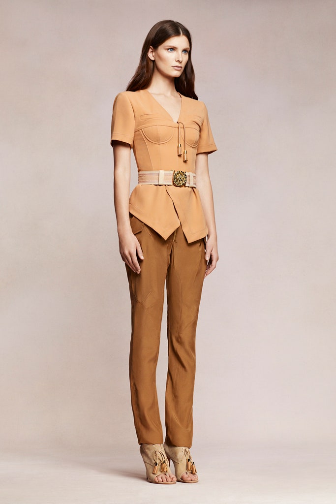 beige fitted top with brown pants
