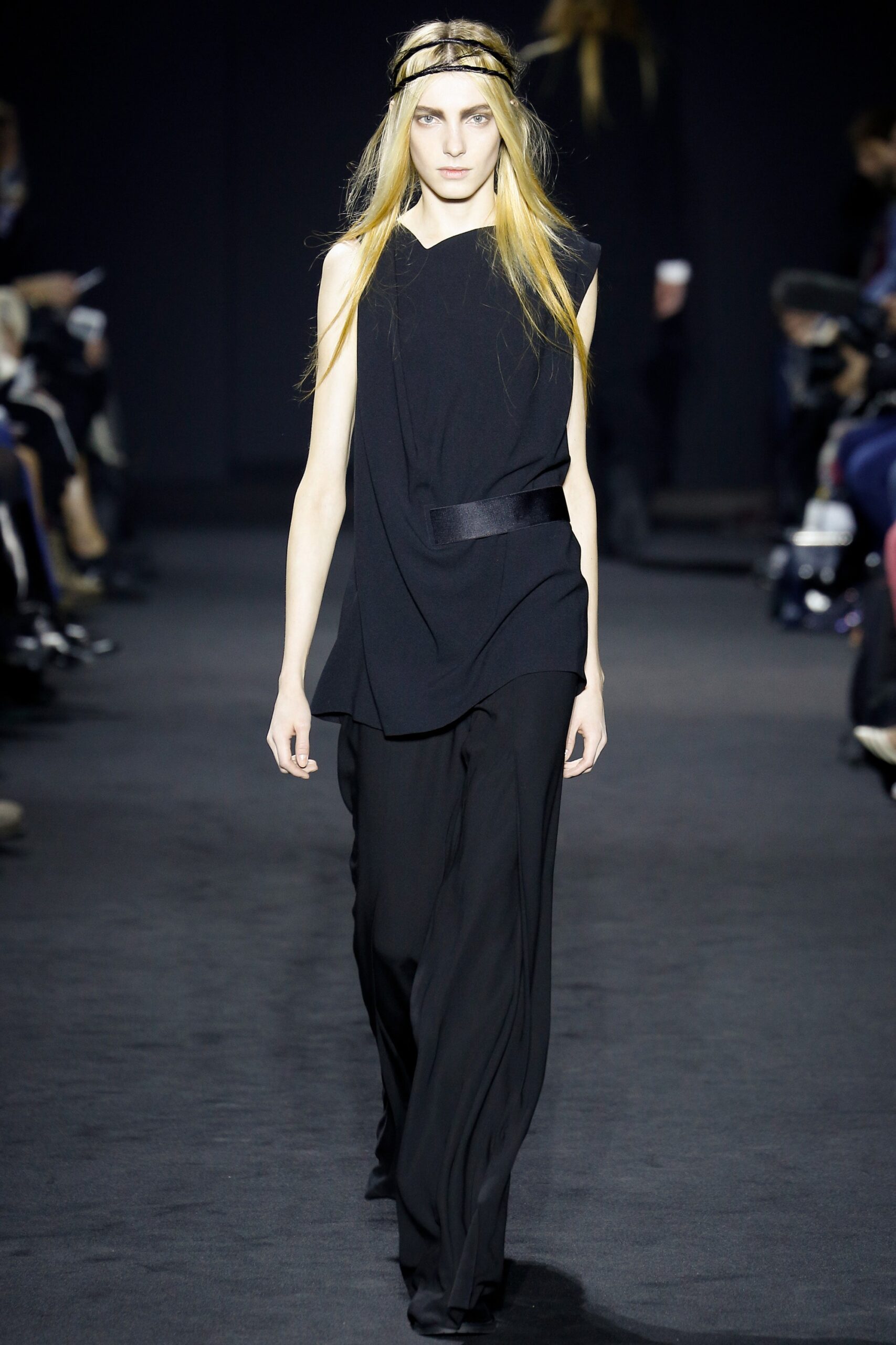 black sleeveless high-neck fitted draped top