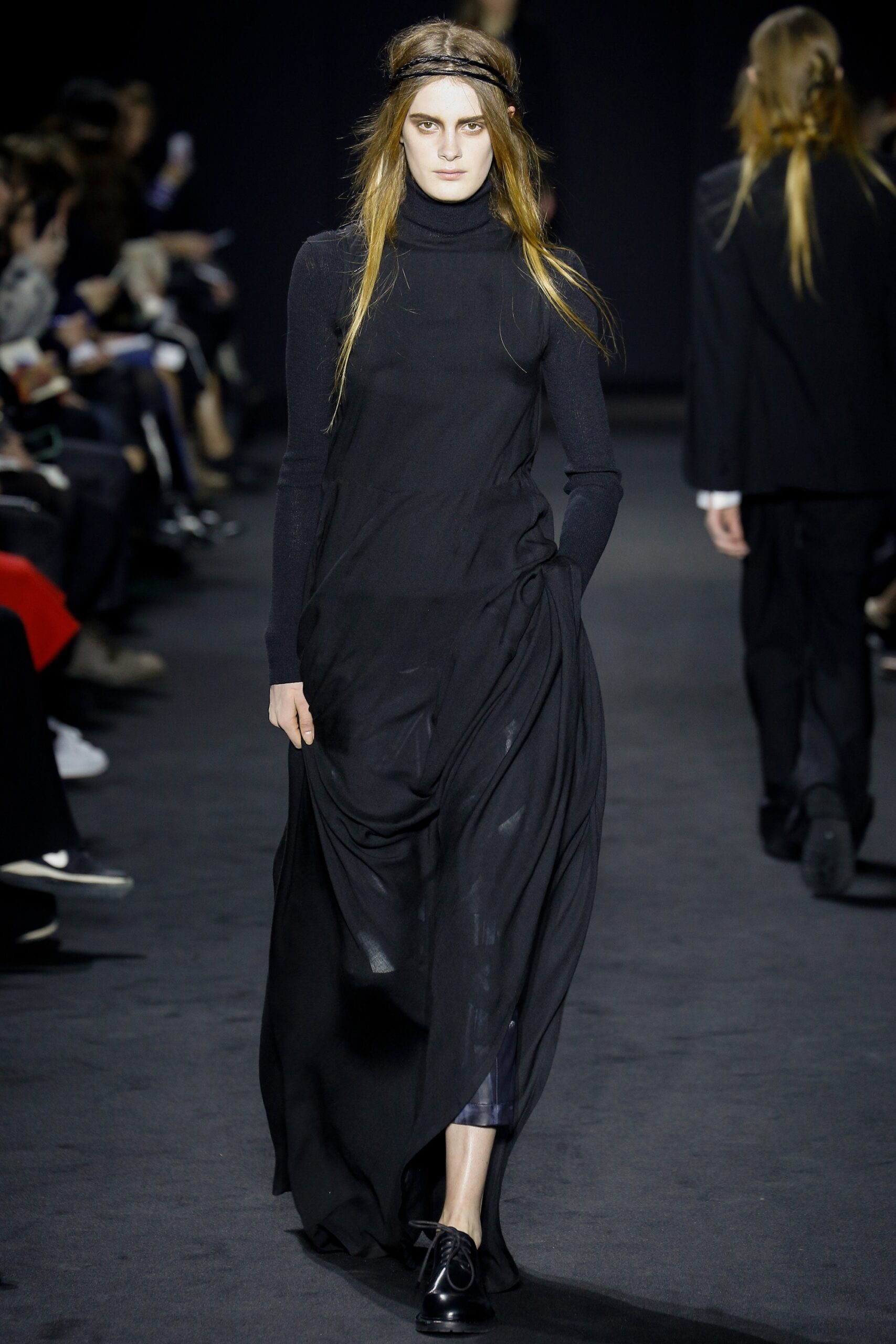 black silk long-sleeve dress