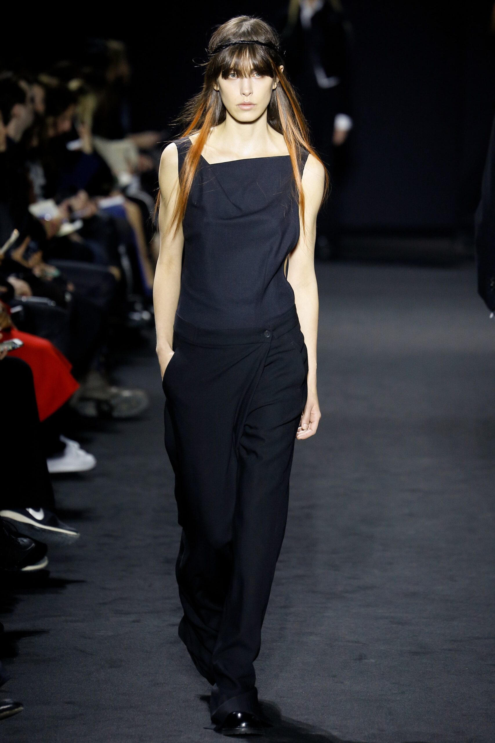 black fitted top and relaxed pants