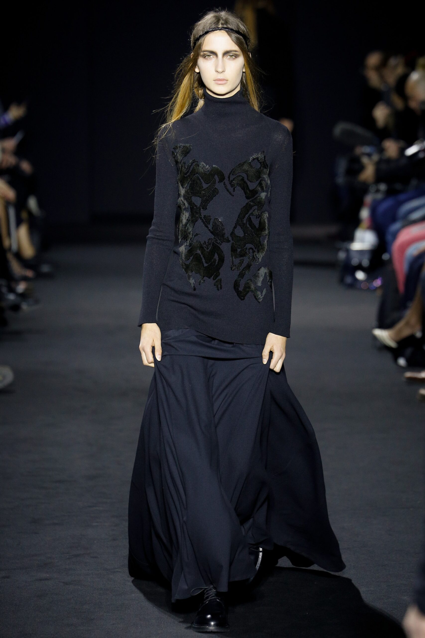 black wool long-sleeve high-neck fitted embellished top