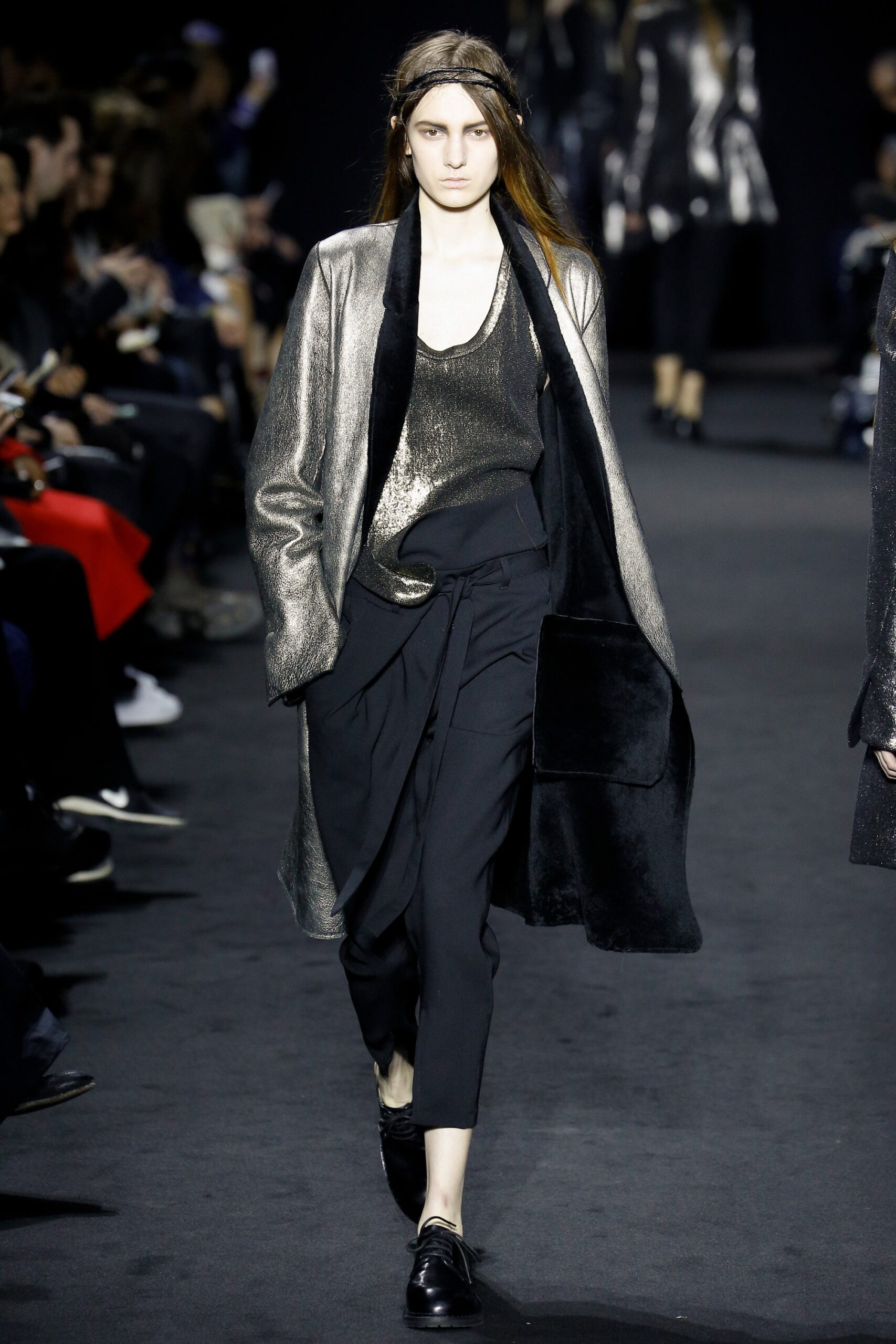 black silk long-sleeve relaxed draped shiny coat