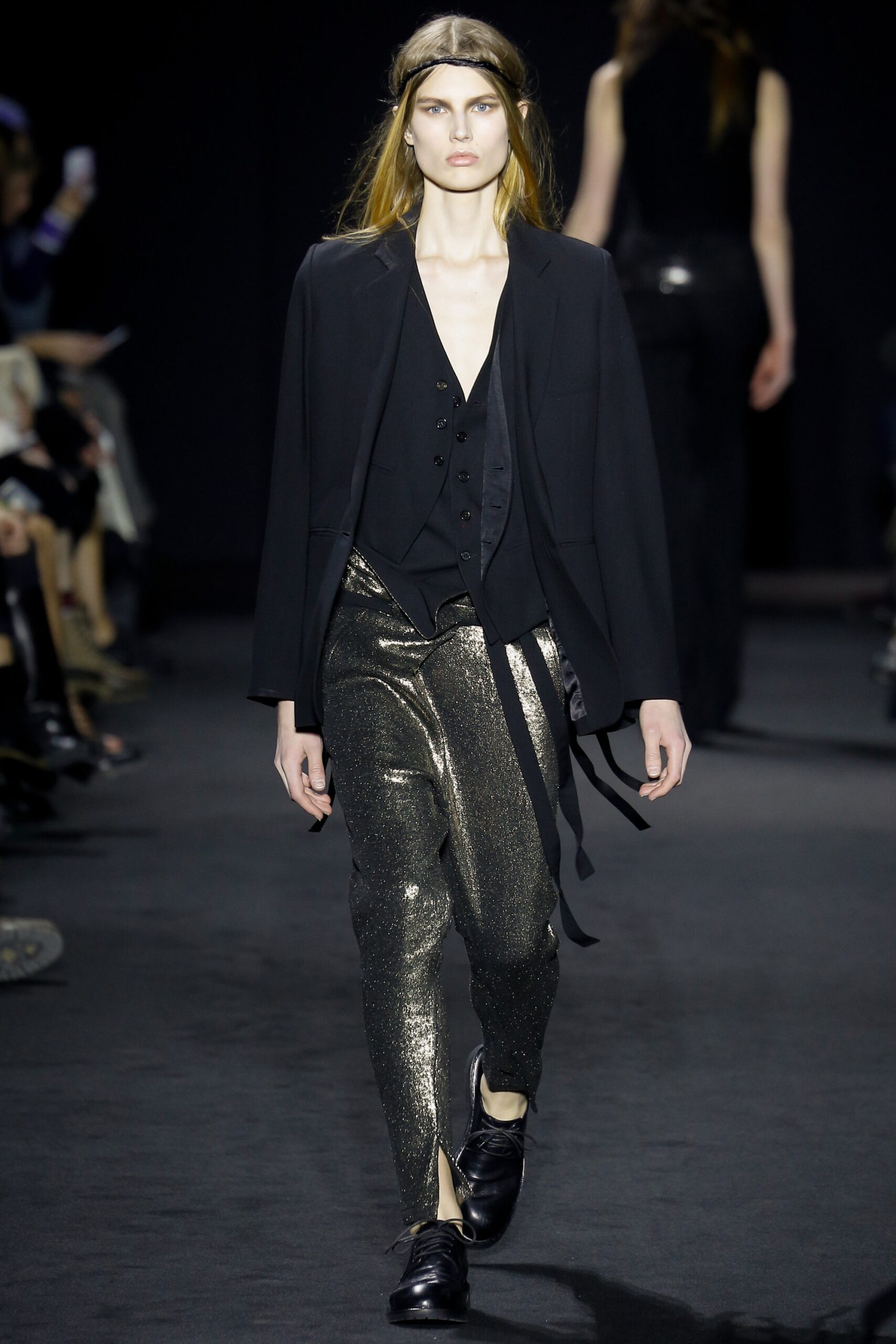 gold silk fitted straight-leg shiny pants
