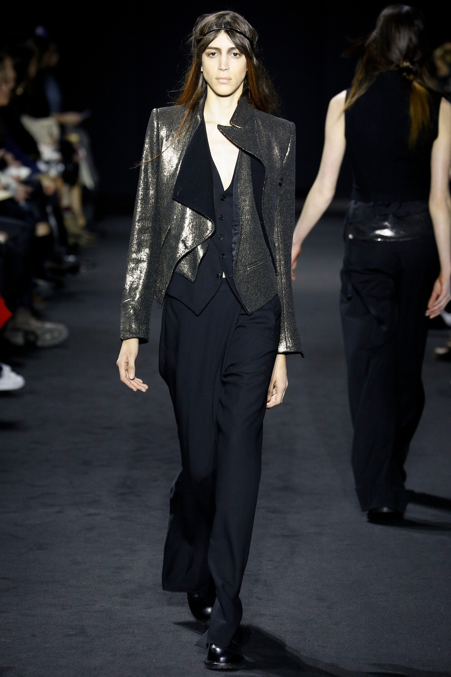 black metallic long-sleeve collared fitted zippered shiny jacket