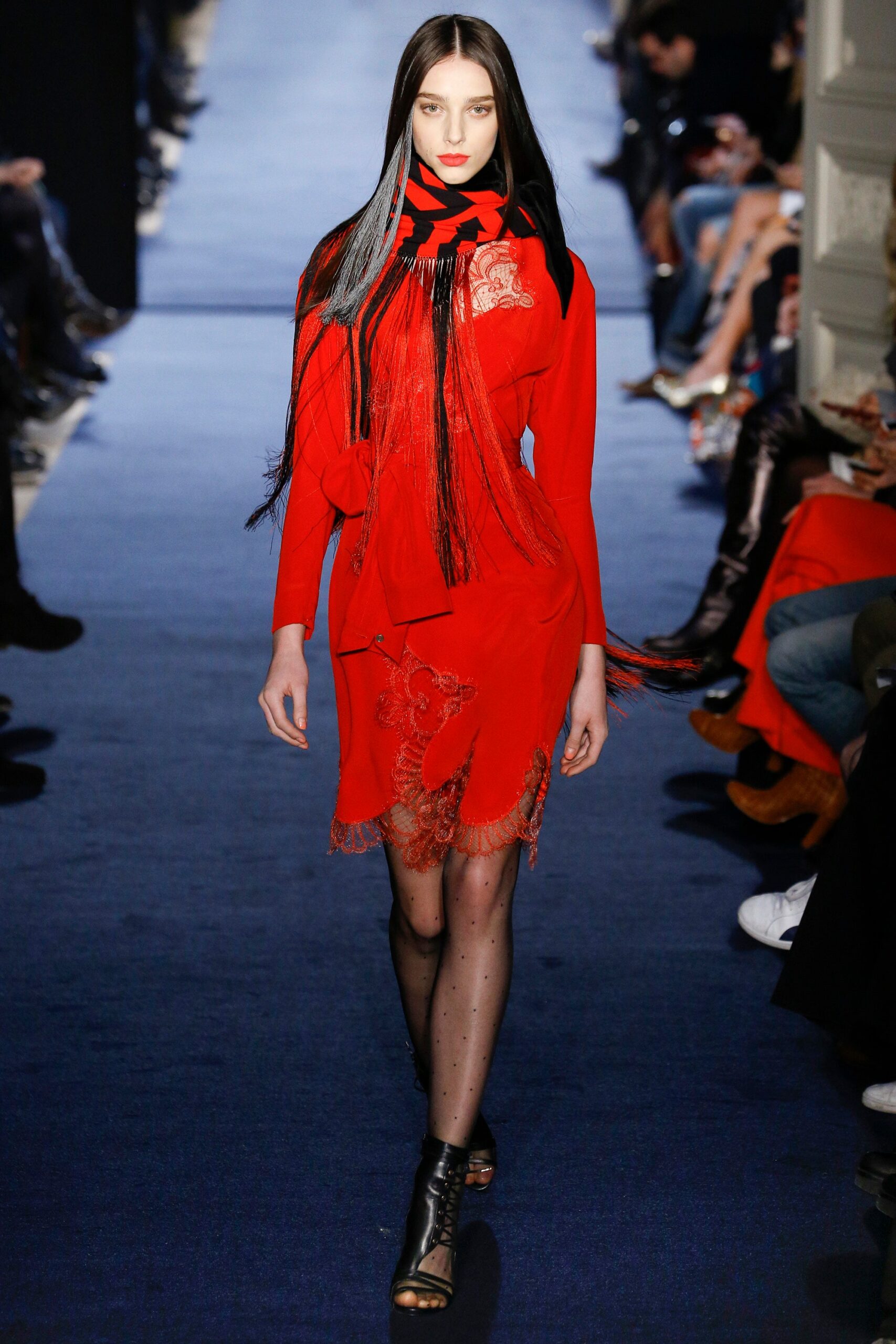 red silk fitted dress with scarf