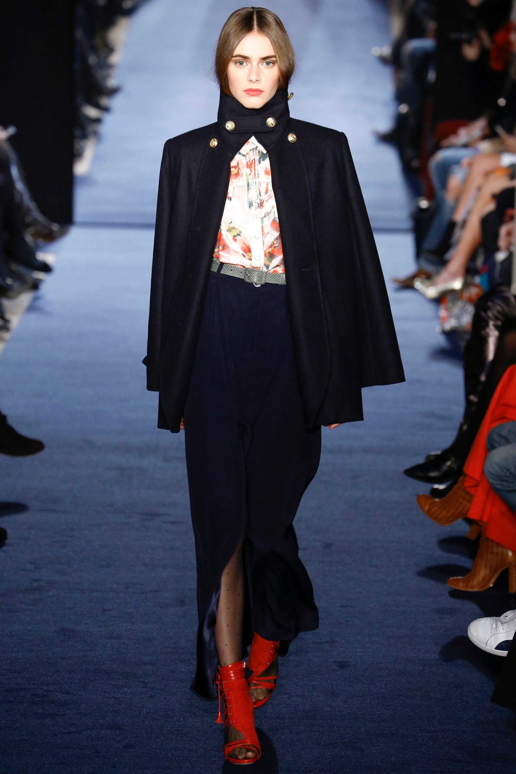 black wool long-sleeve collared structured buttoned cape